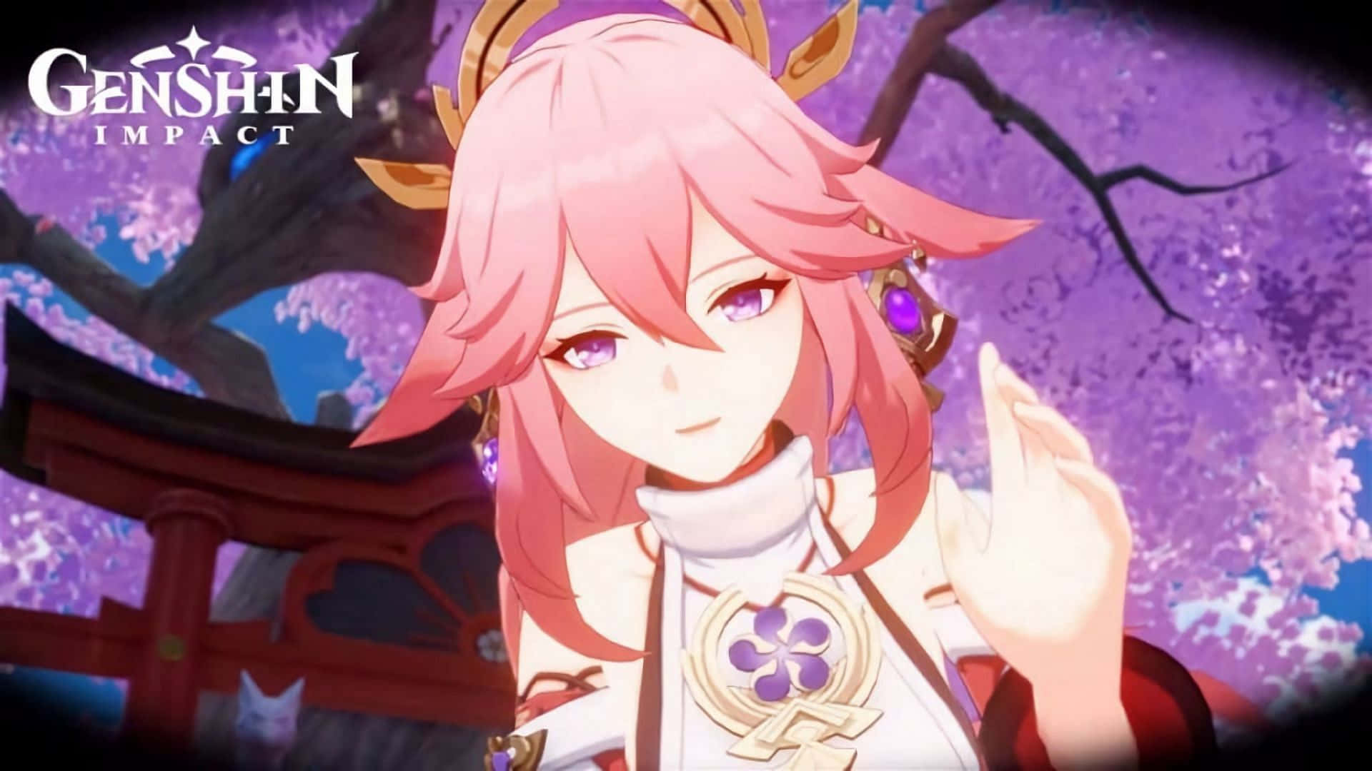 Yae Miko, pink-haired anime girl, purple eyes, Full HD Desktop Wallpaper