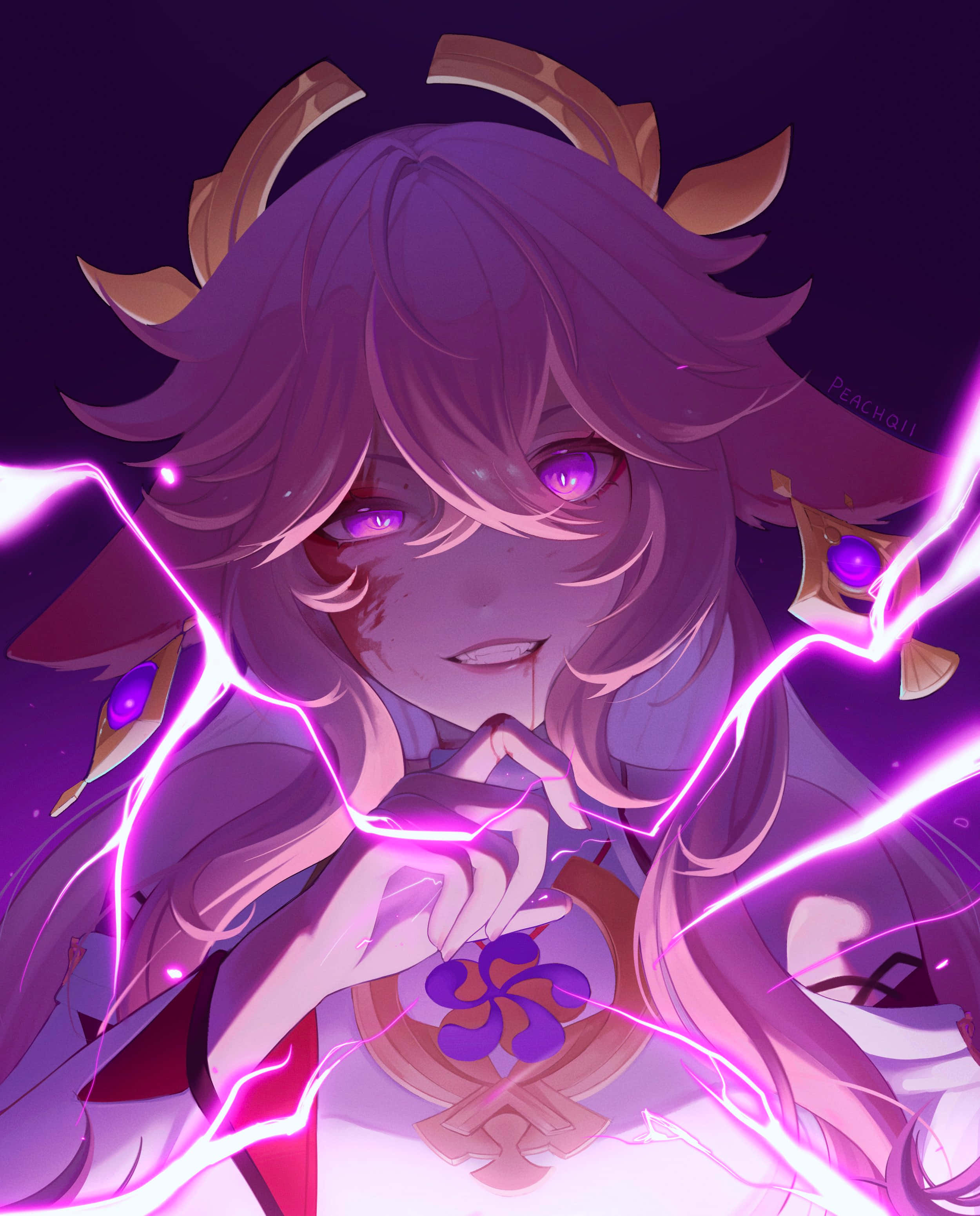 Yae Miko, purple-haired anime girl, glowing eyes, 2K Phone Wallpaper