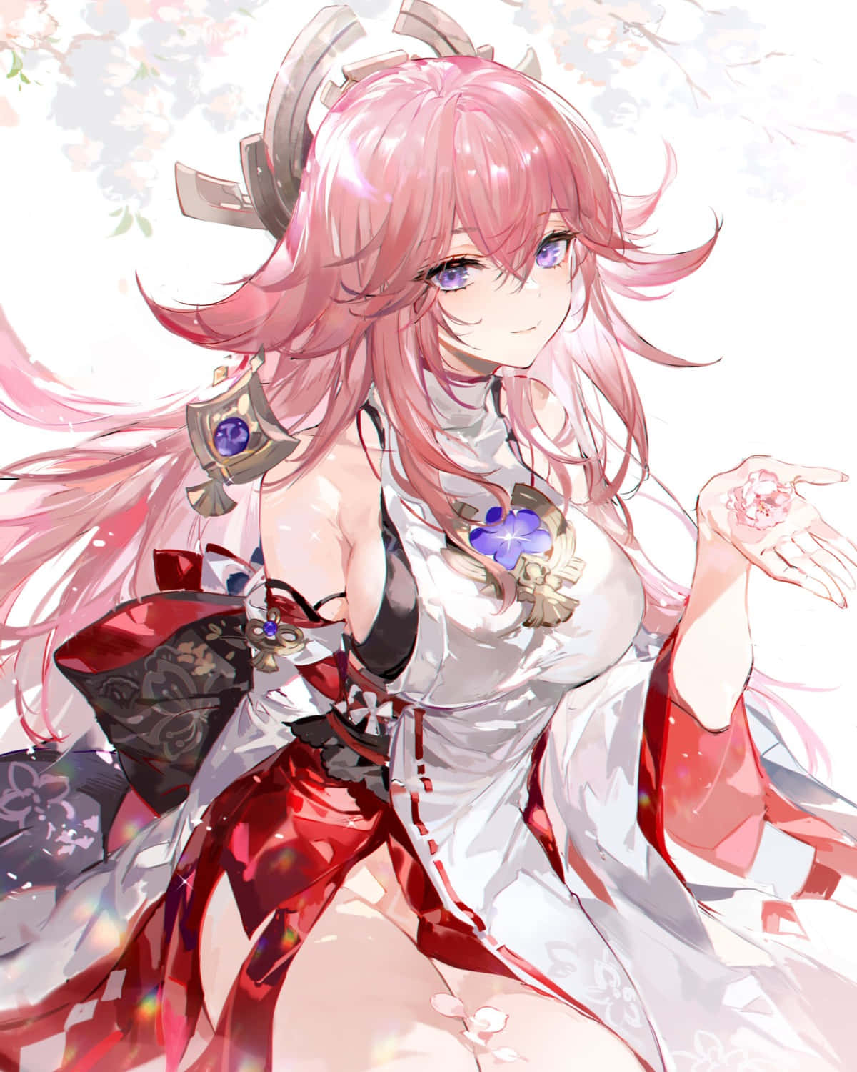 Yae Miko, pink-haired anime girl, white and red kimono, HD Phone Wallpaper