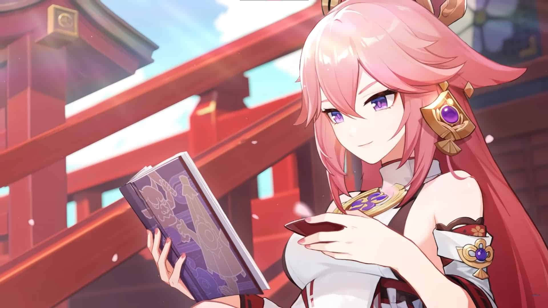 Yae Miko, pink-haired anime girl, purple eyes, Full HD Desktop Wallpaper