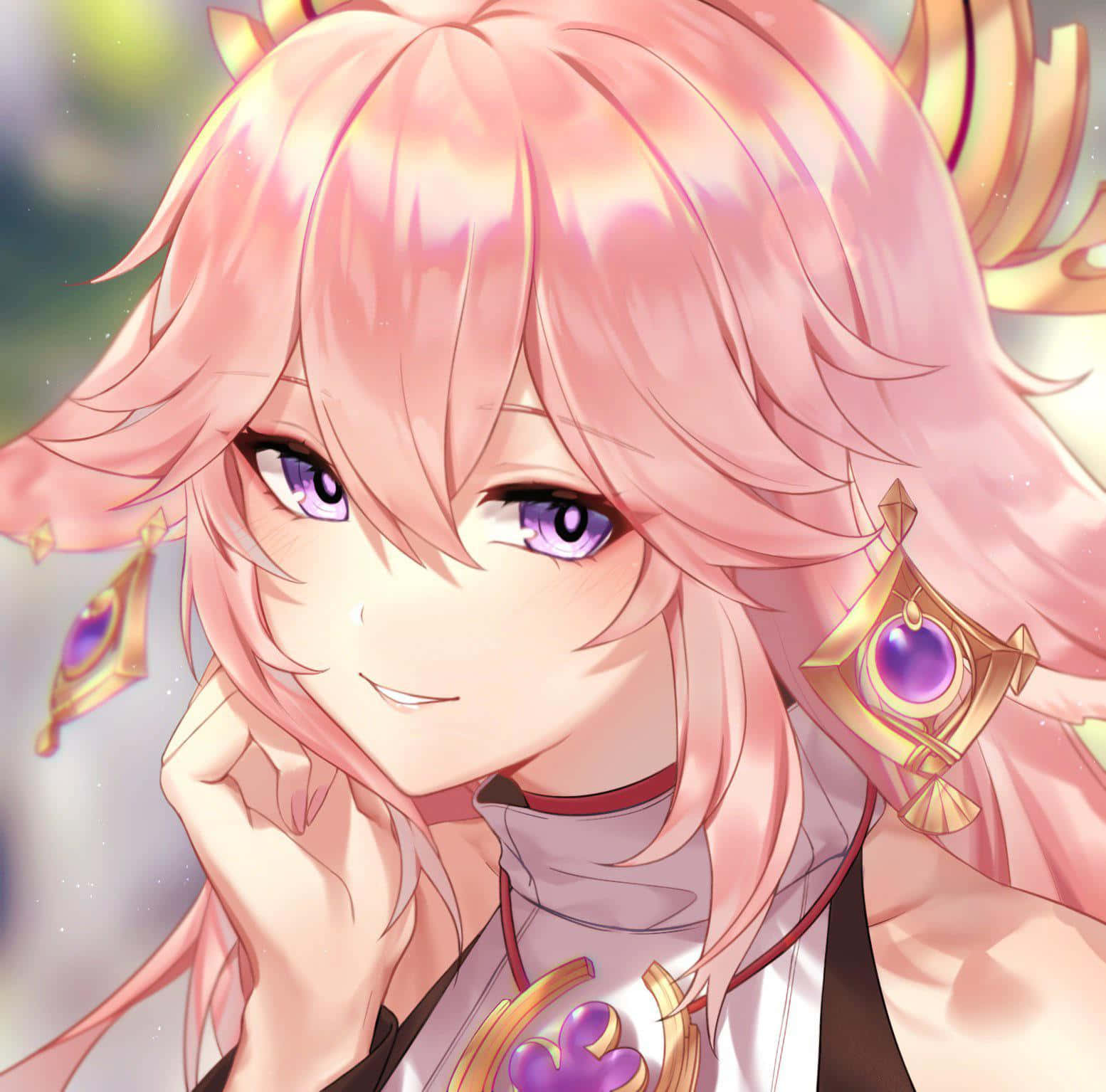 Yae Miko, pink hair, purple eyes, HD Desktop Wallpaper