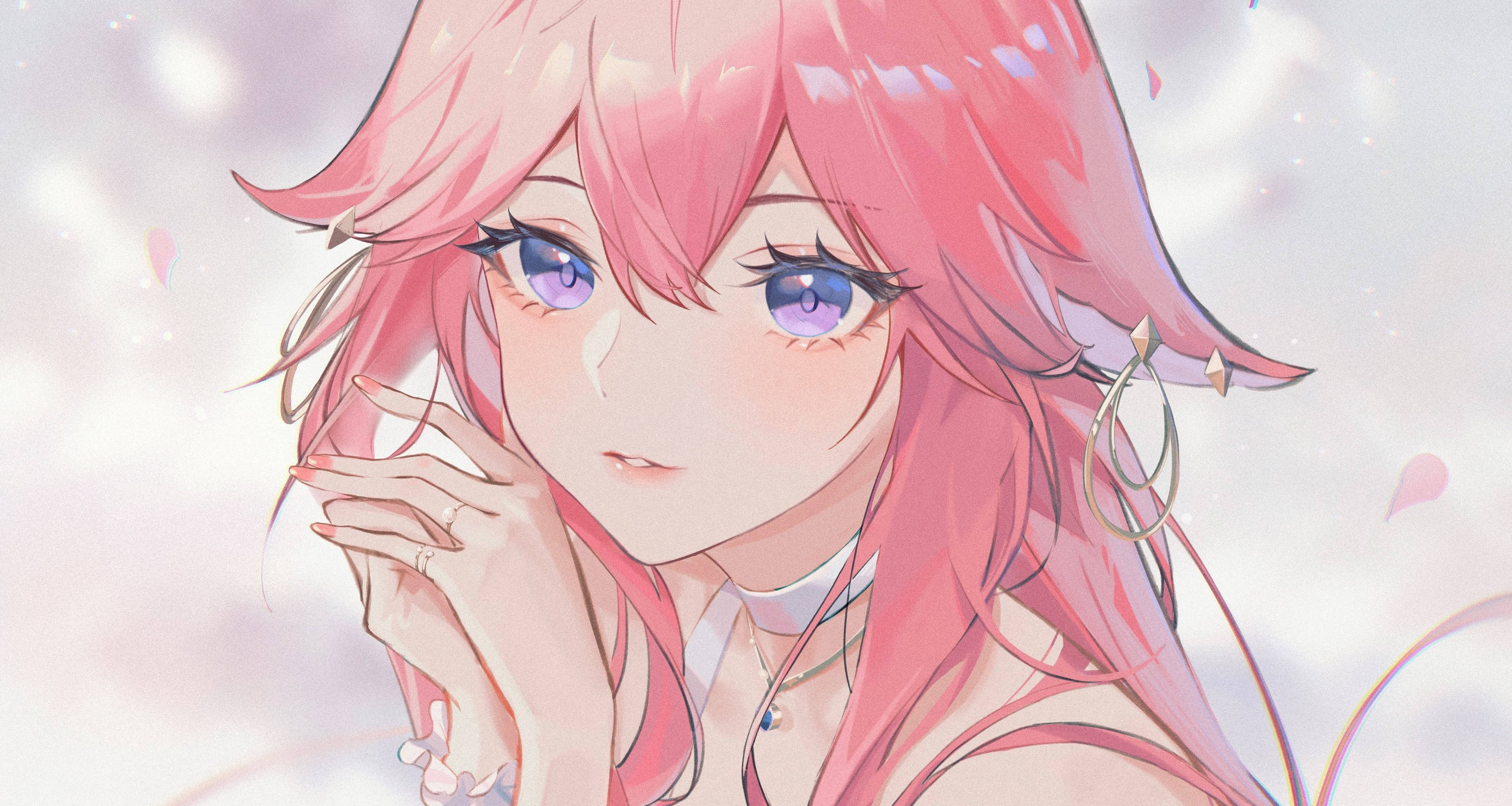 Yae Miko, pink hair, purple eyes, 2K Desktop Wallpaper