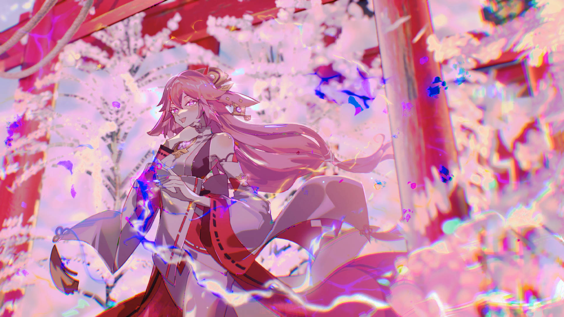 Yae Miko, pink-haired anime girl, flowing red and white outfit, Full HD Desktop Wallpaper