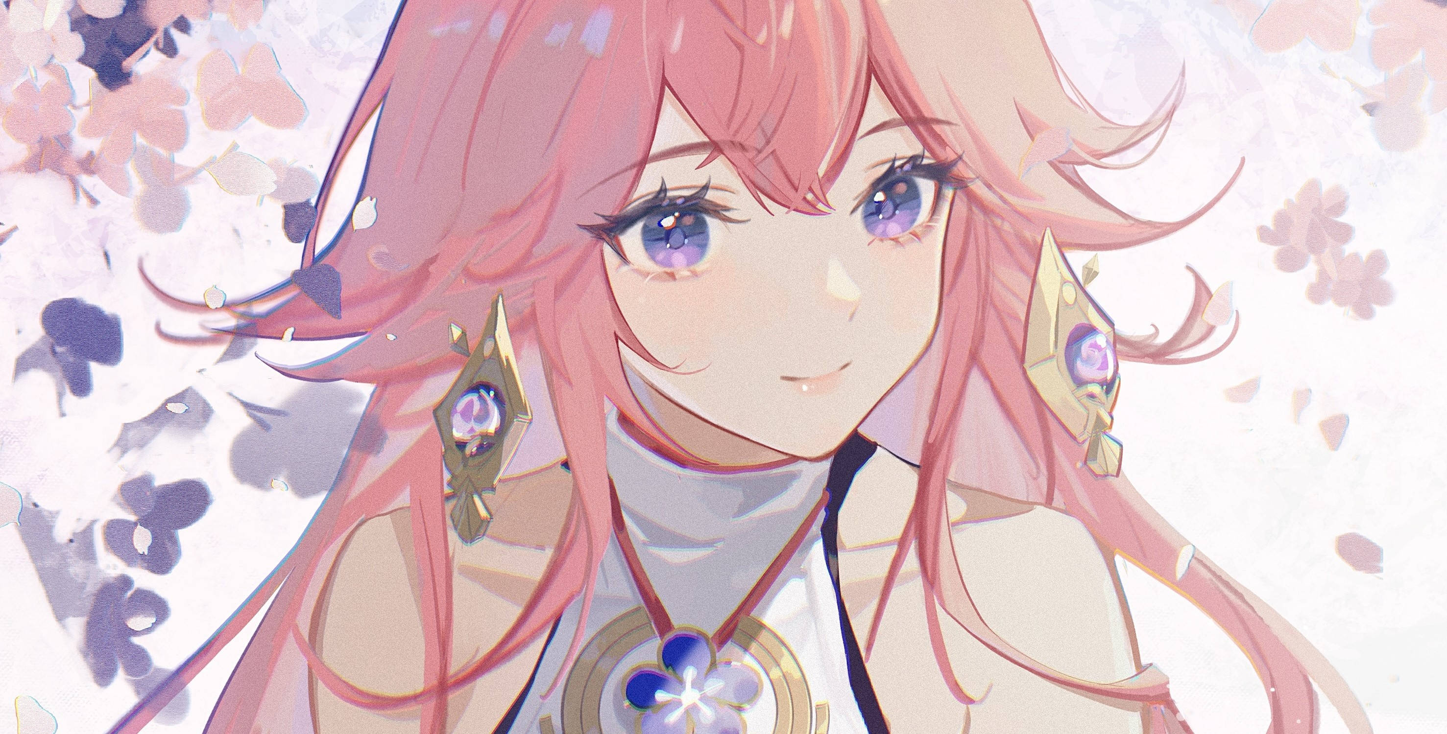 Yae Miko, pink hair, blue eyes, 2K Desktop Wallpaper