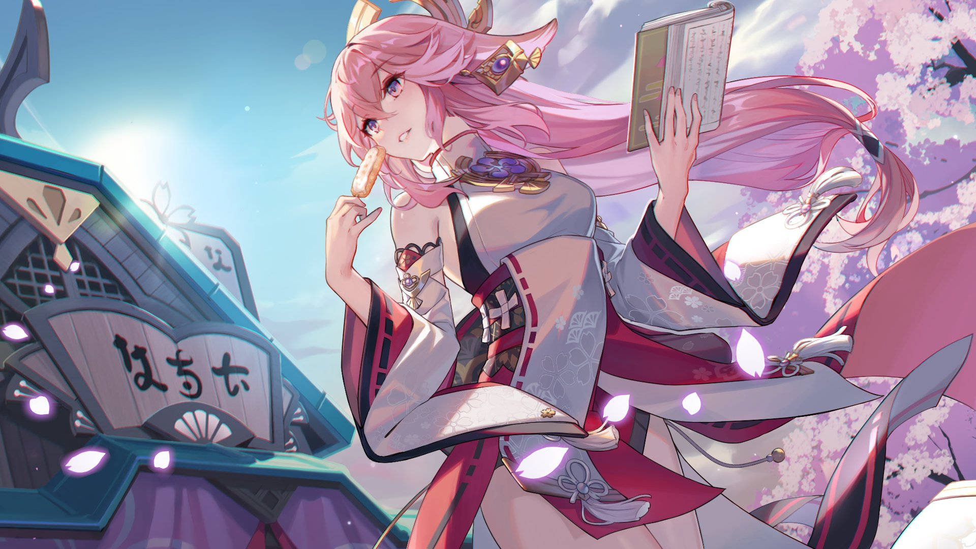 Yae Miko, pink-haired, traditional Japanese outfit, Full HD Desktop Wallpaper