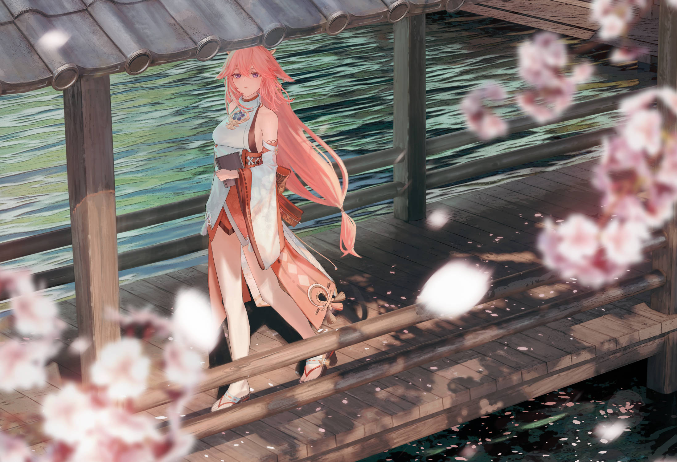 Yae Miko, pink-haired anime girl, traditional attire, Full HD Desktop Wallpaper