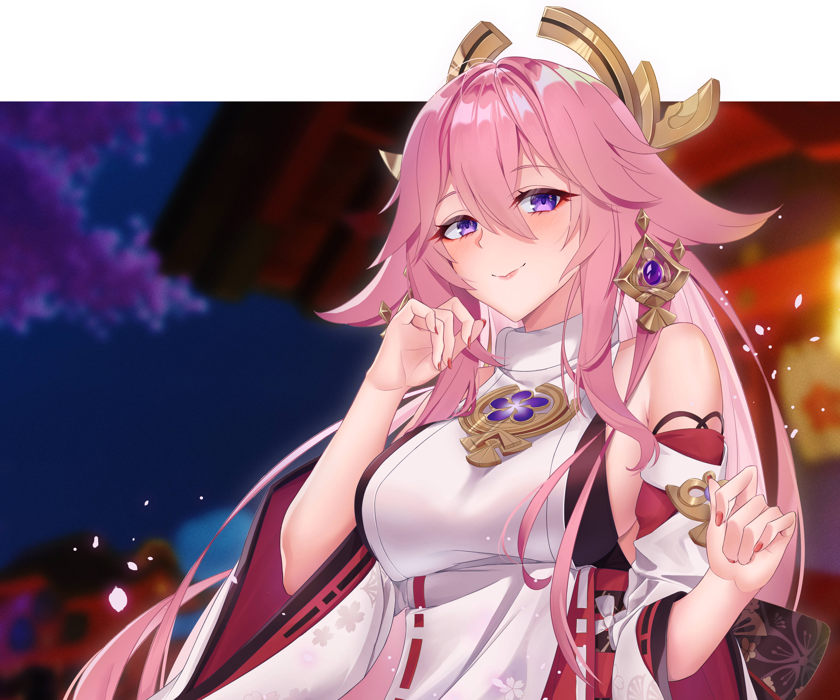 Yae Miko, pink hair, golden horns, 2K Desktop Wallpaper