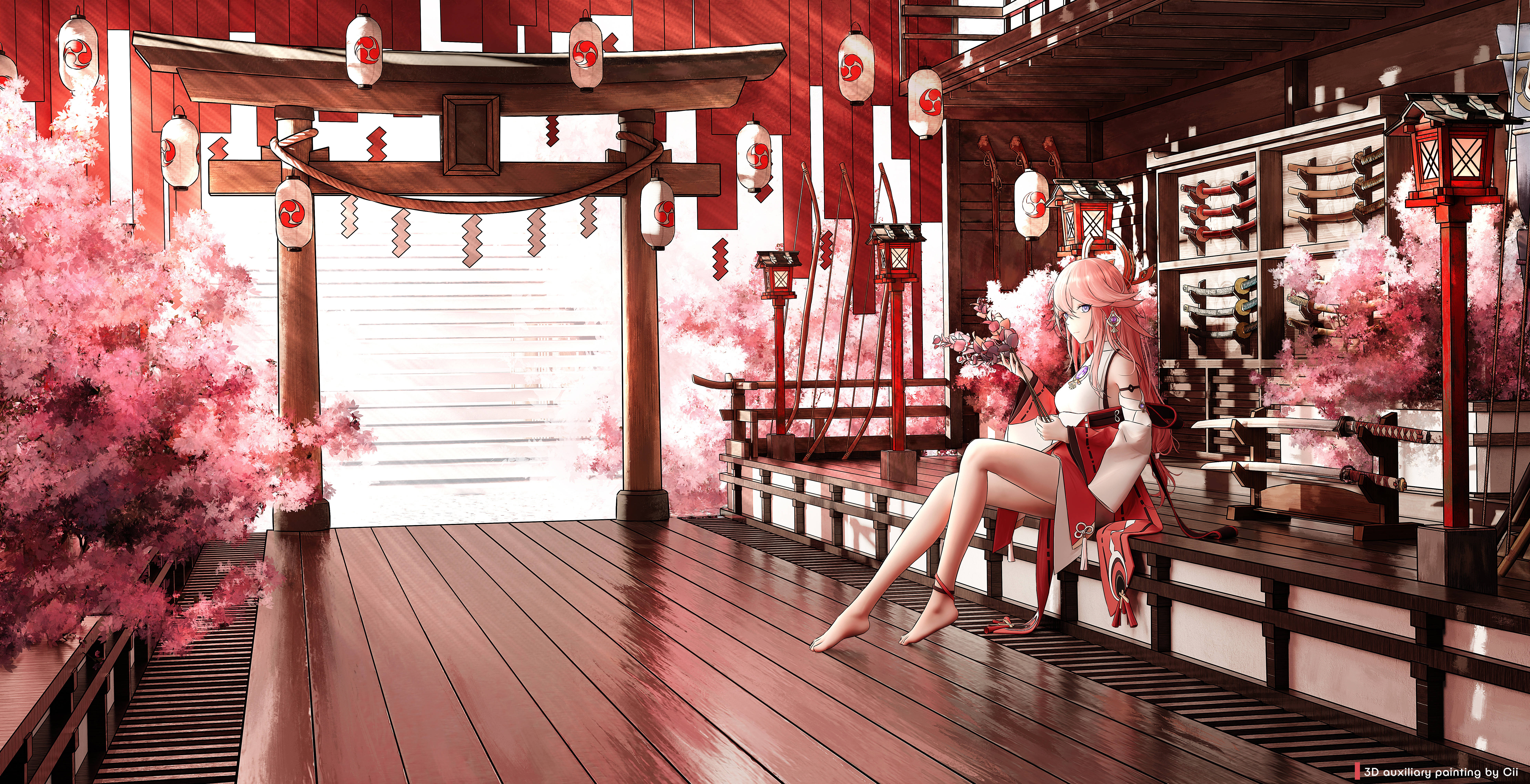 Yae Miko, pink-haired anime girl, wooden veranda, 8K Desktop Wallpaper