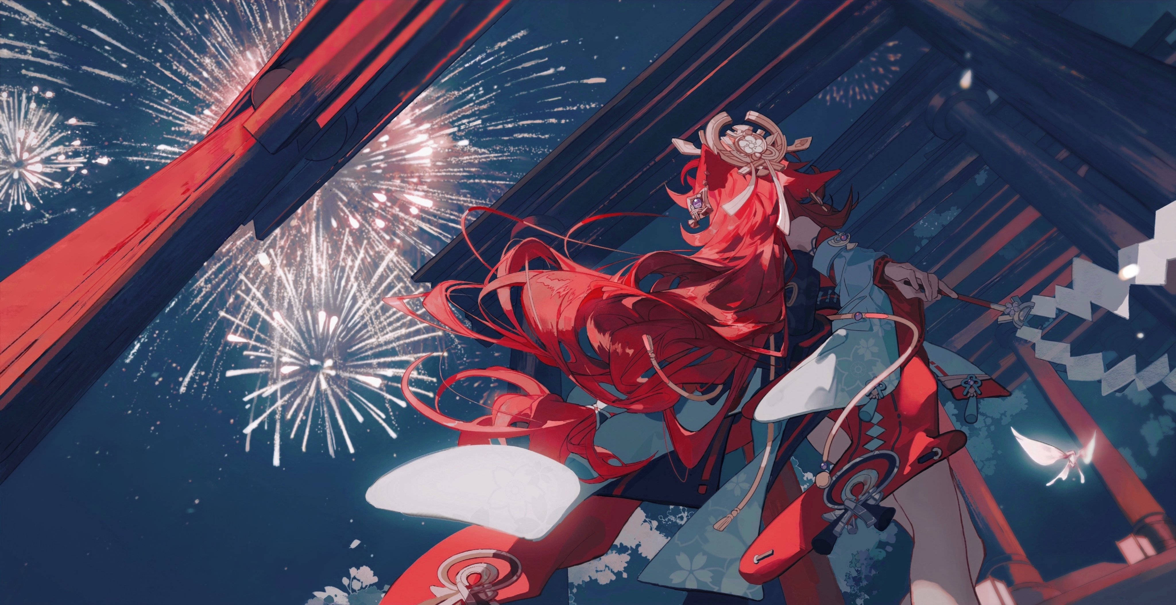 Yae Miko, red-haired, traditional attire, 4K Desktop Wallpaper