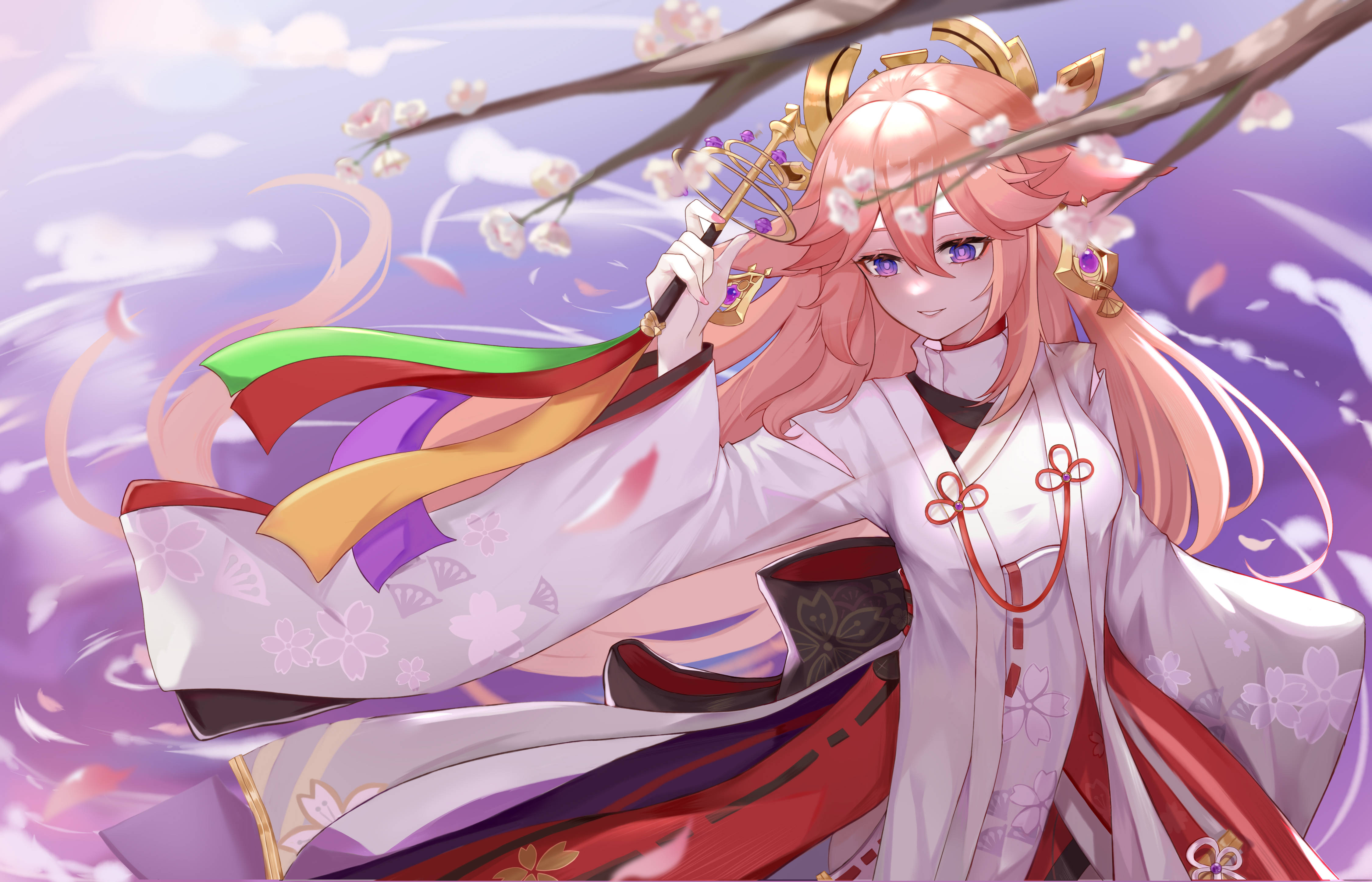 Yae Miko, pink-haired anime girl, white kimono with cherry blossoms, 4K Desktop Wallpaper