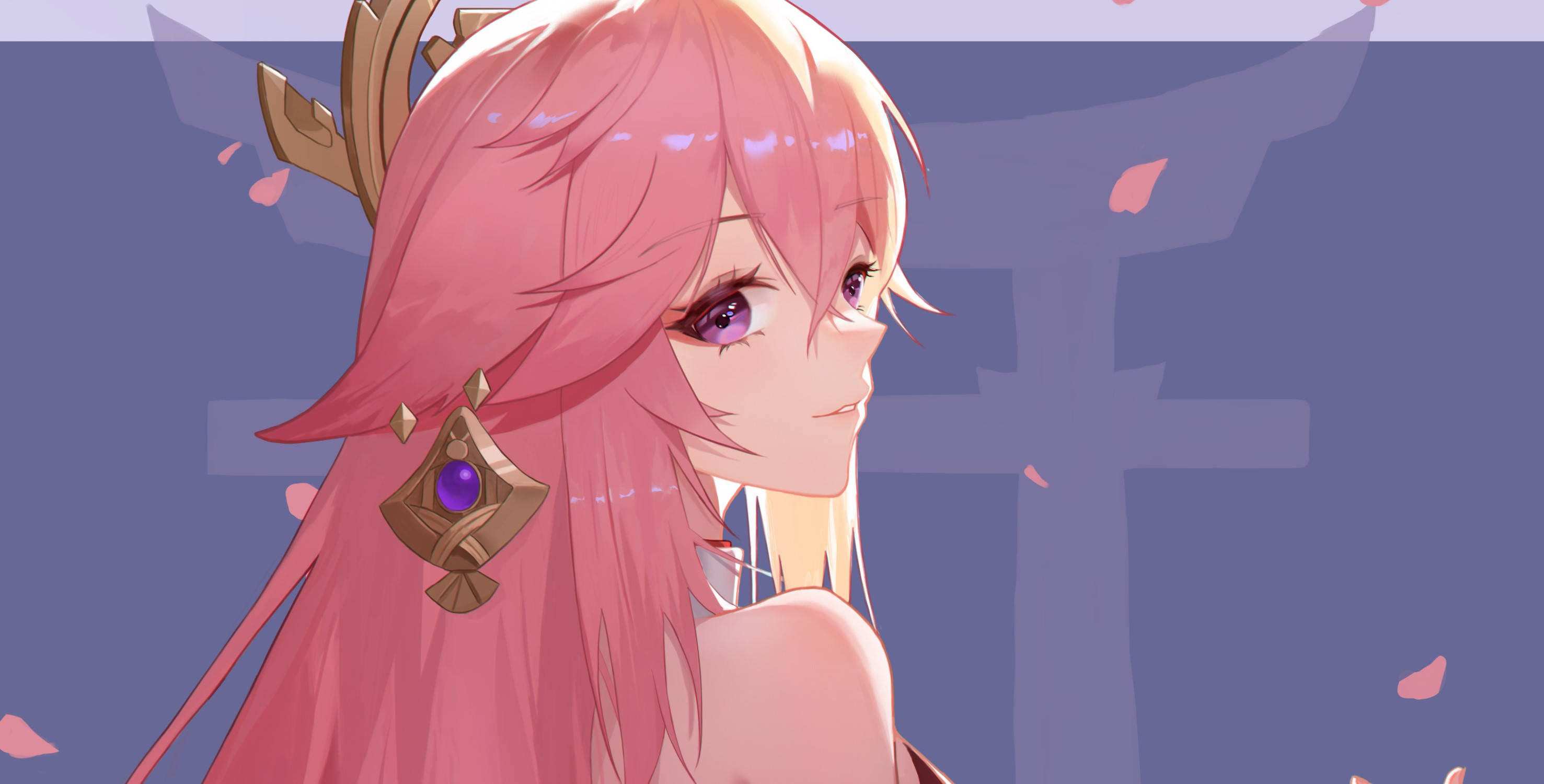 Yae Miko, pink-haired anime girl, purple eyes, 2K Desktop Wallpaper
