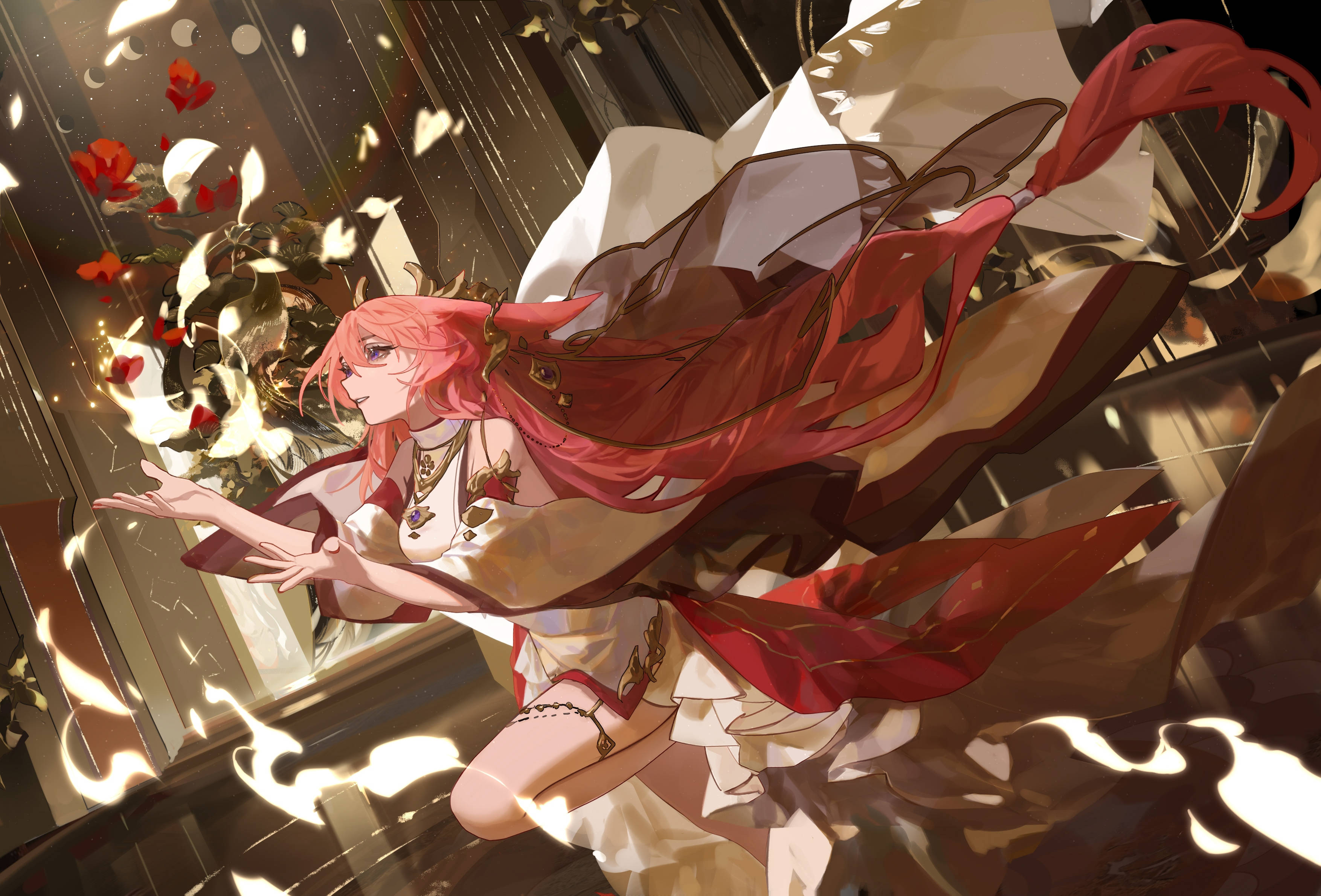 Yae Miko, pink-haired anime girl, flowing red and white robes, 2K Desktop Wallpaper