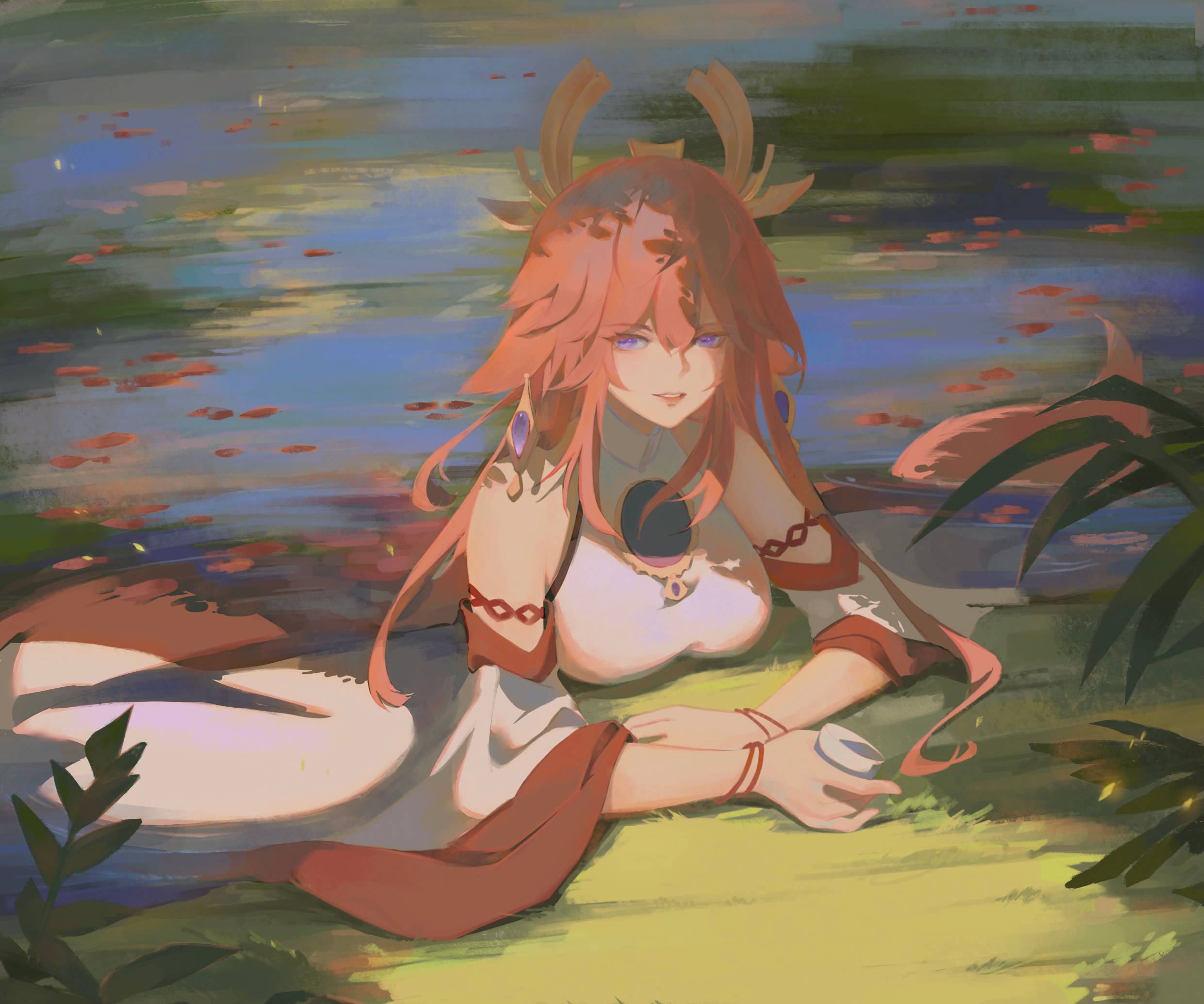 Yae Miko, pond, autumn leaves, Full HD Desktop Wallpaper