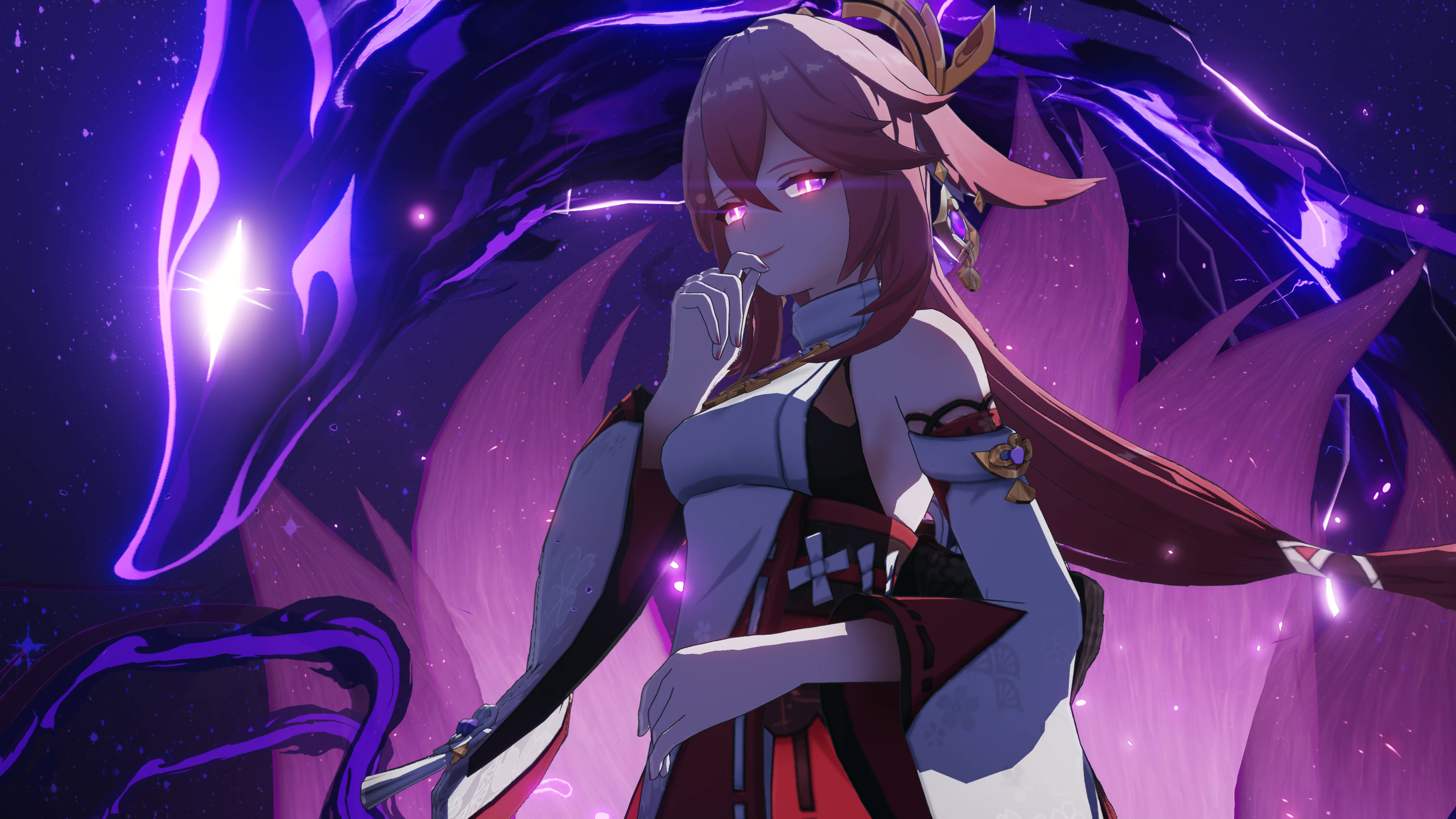 Yae Miko, purple-haired, glowing eyes, 4K Desktop Wallpaper