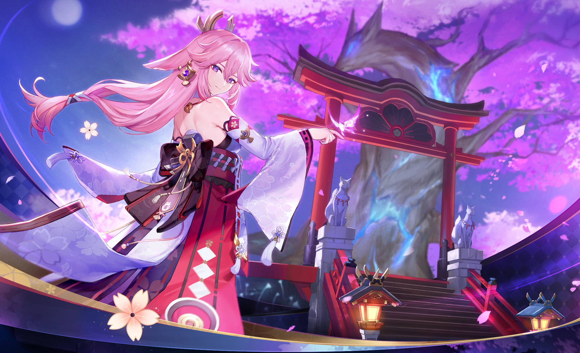 Yae Miko, temple, glowing torii gate, Full HD Desktop Wallpaper
