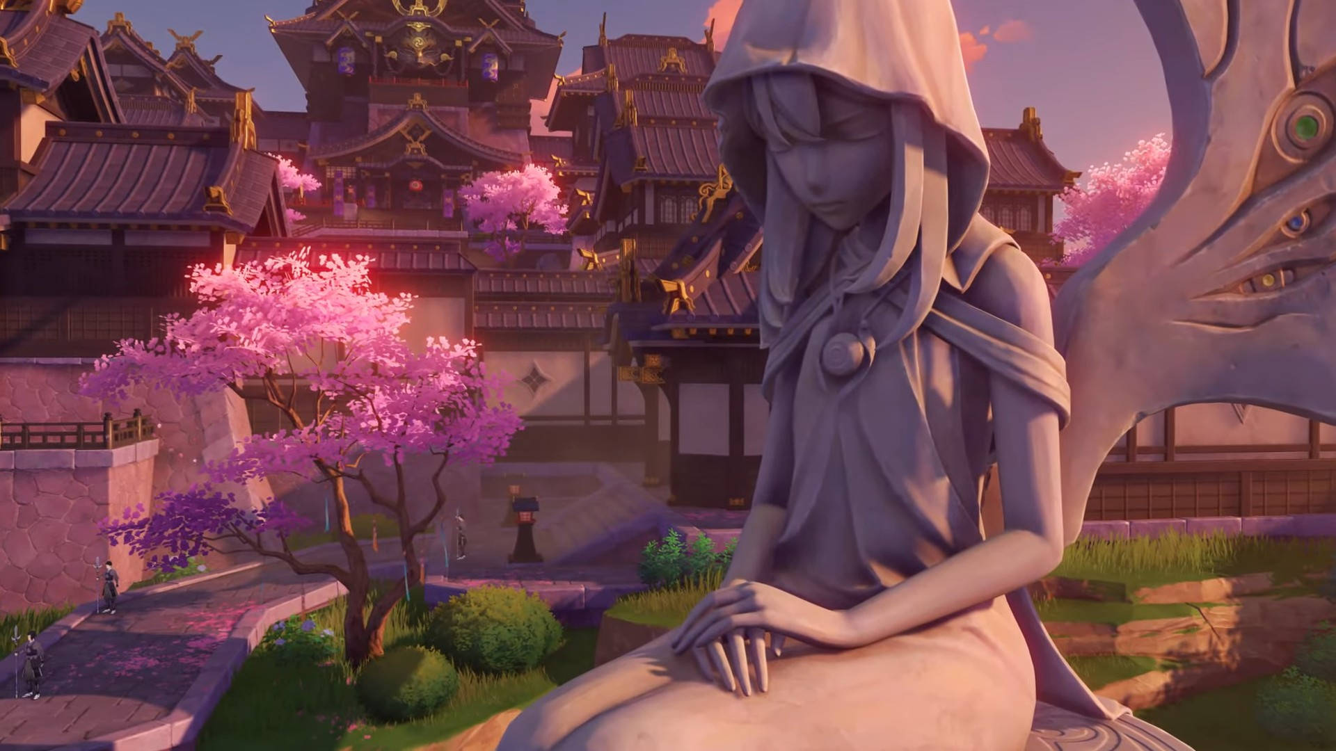 Yae Miko, anime-style statue, hooded figure, Full HD Desktop Wallpaper