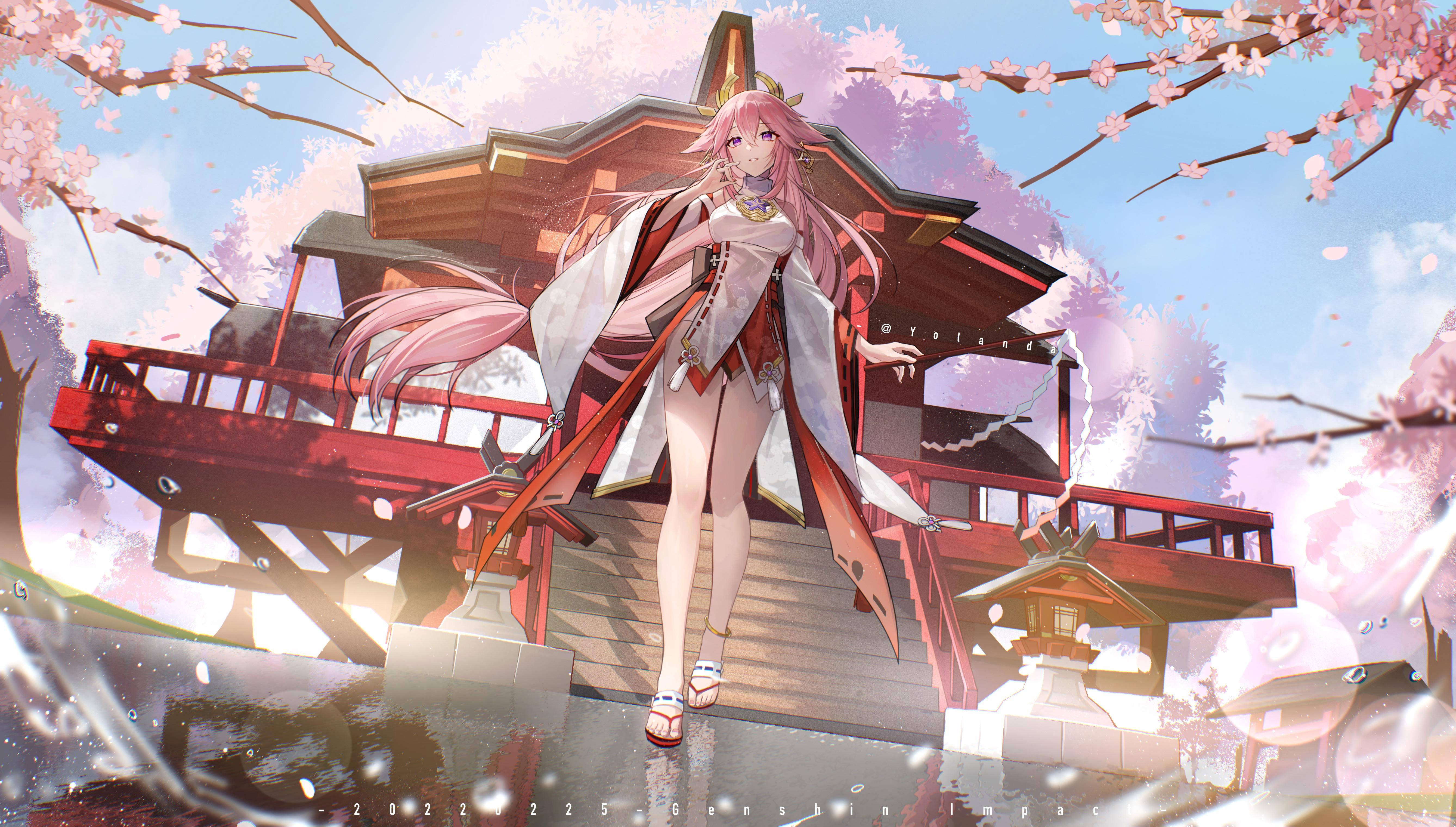 Yae Miko, pink-haired anime girl, white and red kimono, 5K Desktop Wallpaper