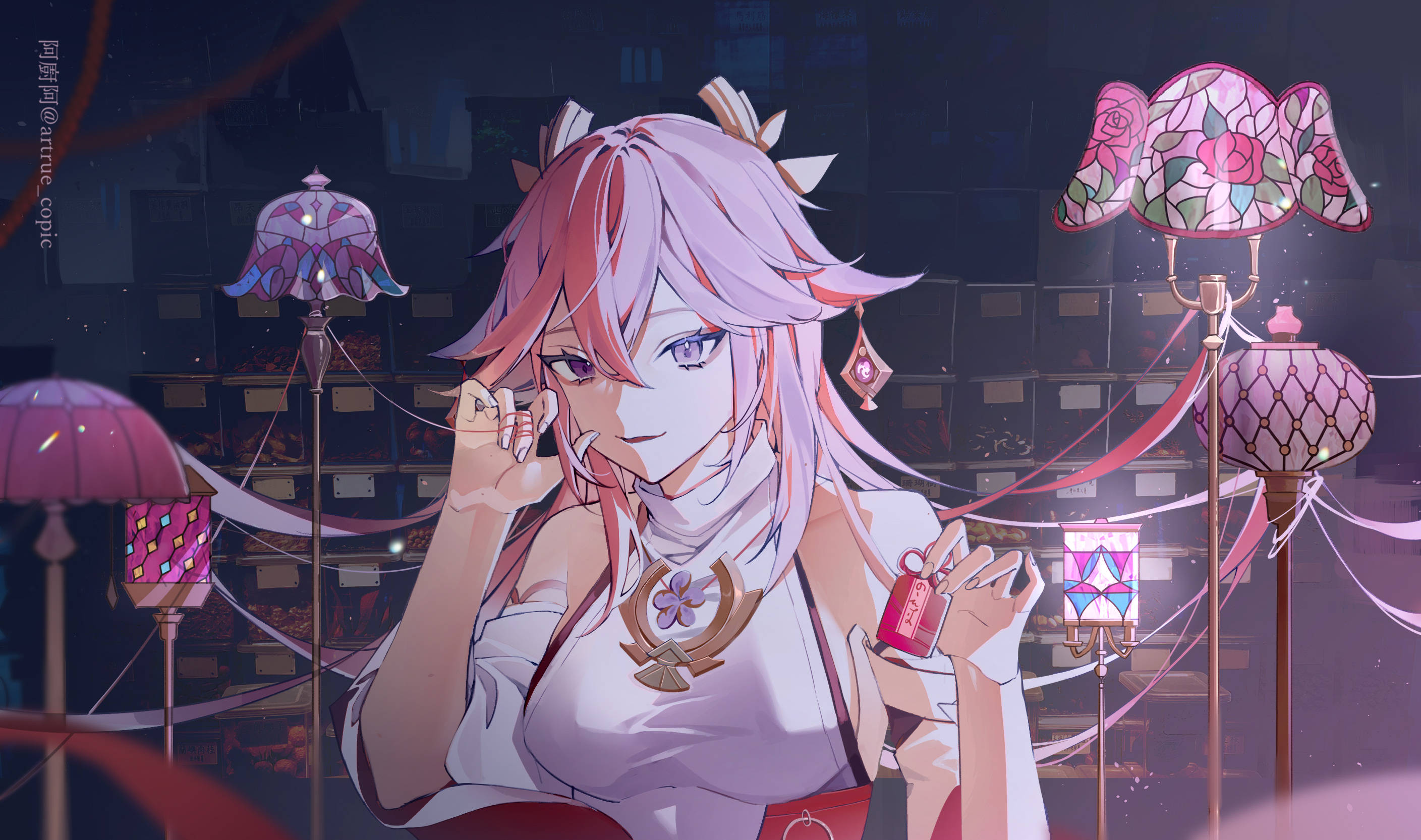 Yae Miko, pink-haired anime girl, white outfit, 2K Desktop Wallpaper