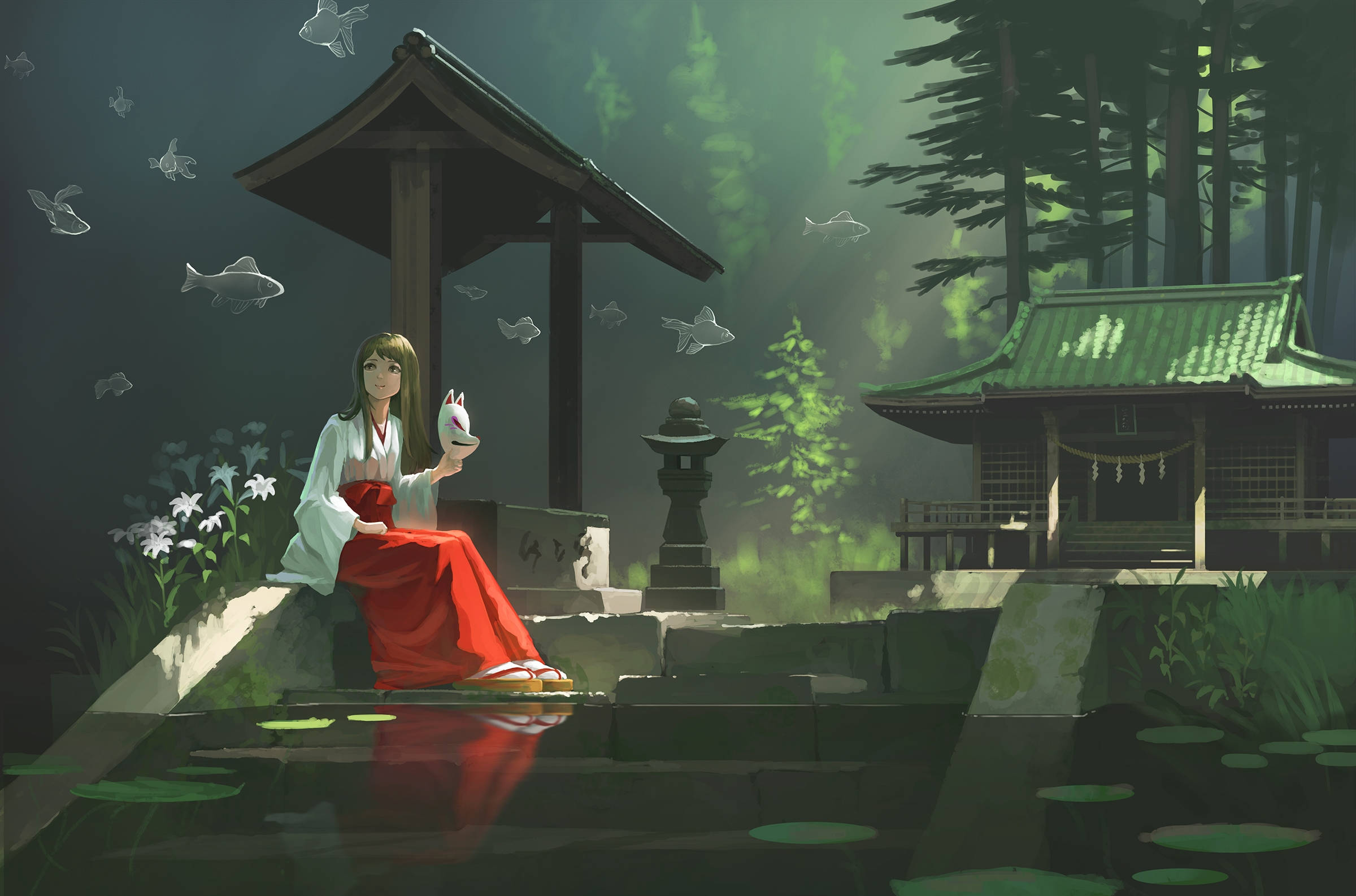 Miko, red and white kimono, shrine pond, Full HD Desktop Wallpaper