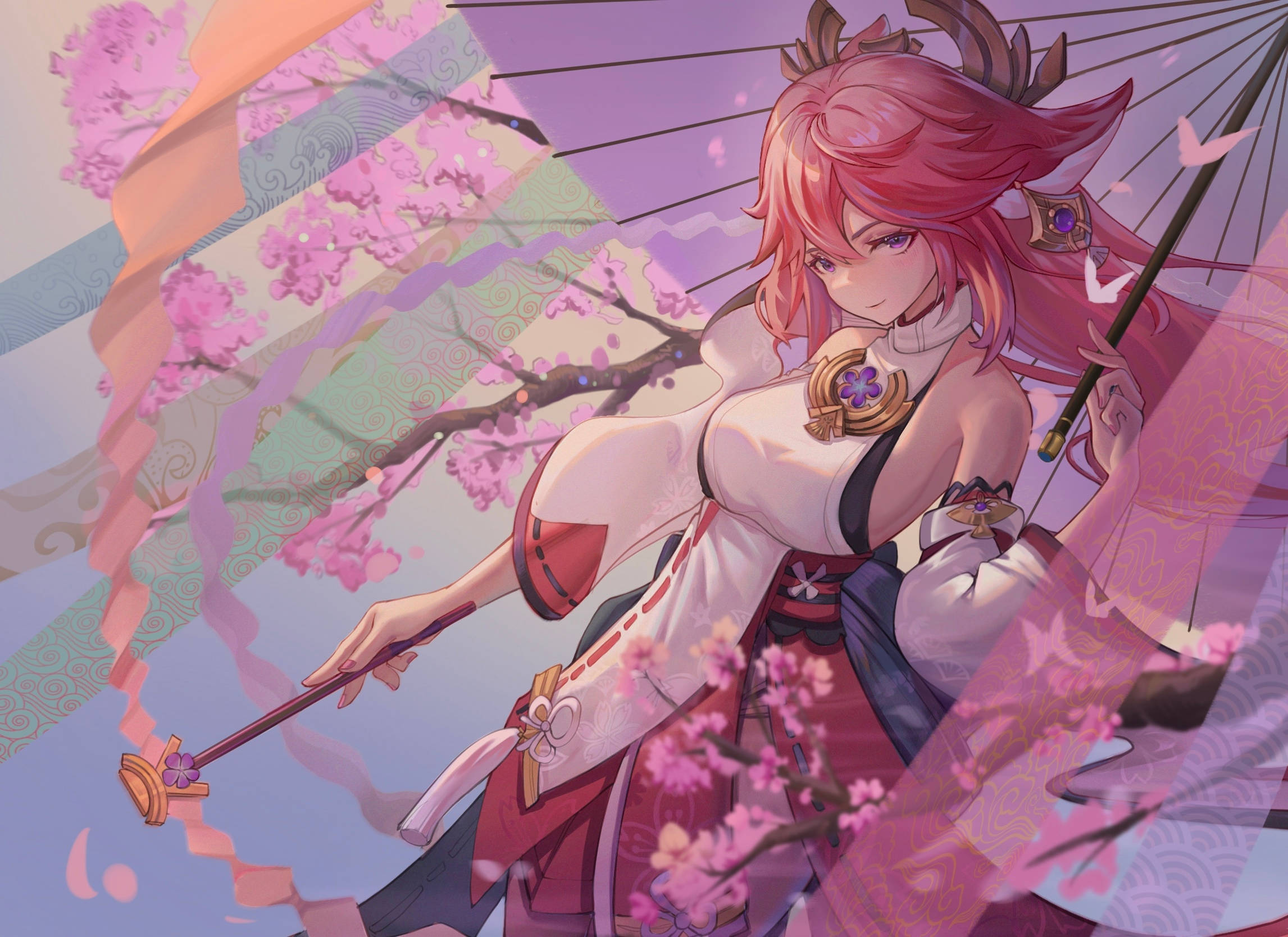 Yae Miko, pink-haired anime girl, traditional attire, Full HD Desktop Wallpaper