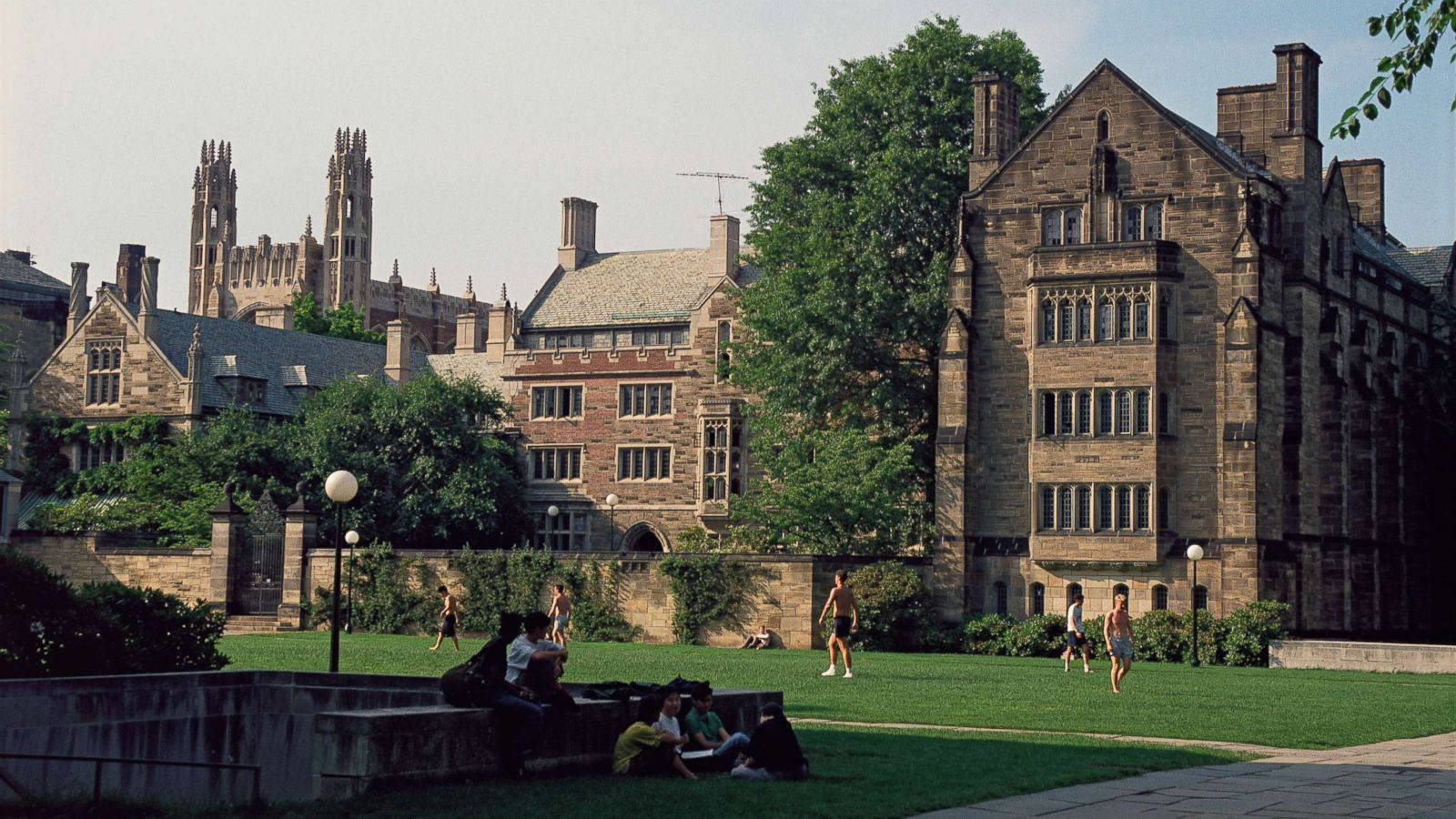 Yale University, campus lawn, historic stone Gothic architecture, HD Desktop Wallpaper