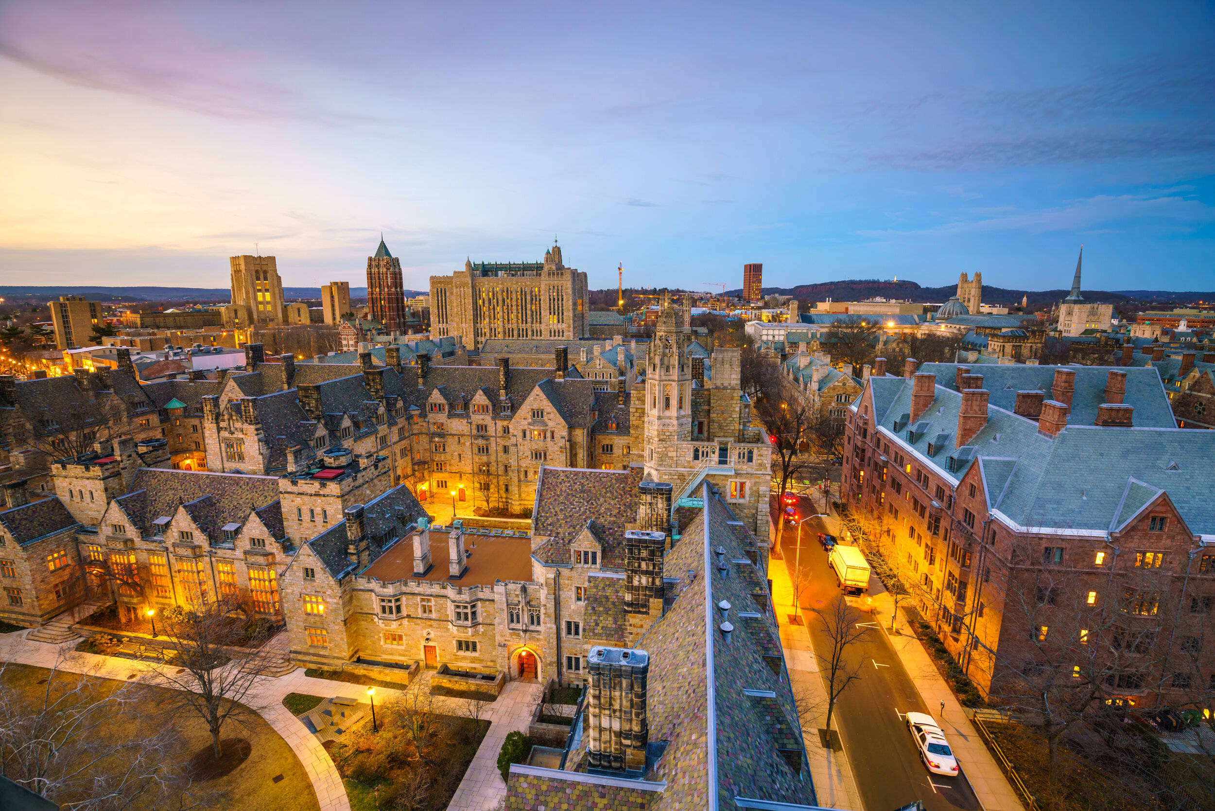 Yale University, historic stone university buildings, twilight, Full HD Desktop Wallpaper