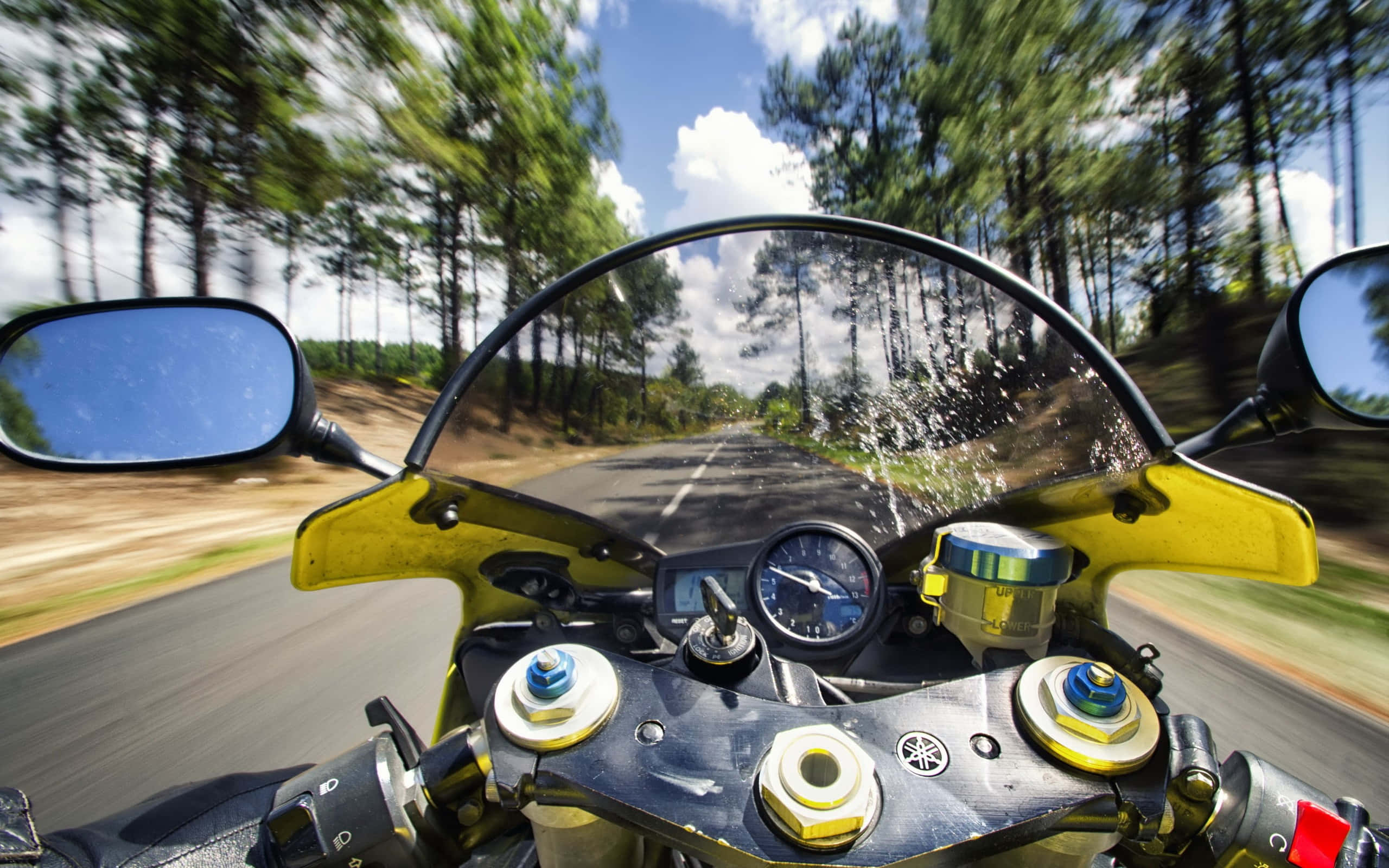 Yamaha, yellow motorcycle, tree-lined road, 2K Desktop Wallpaper