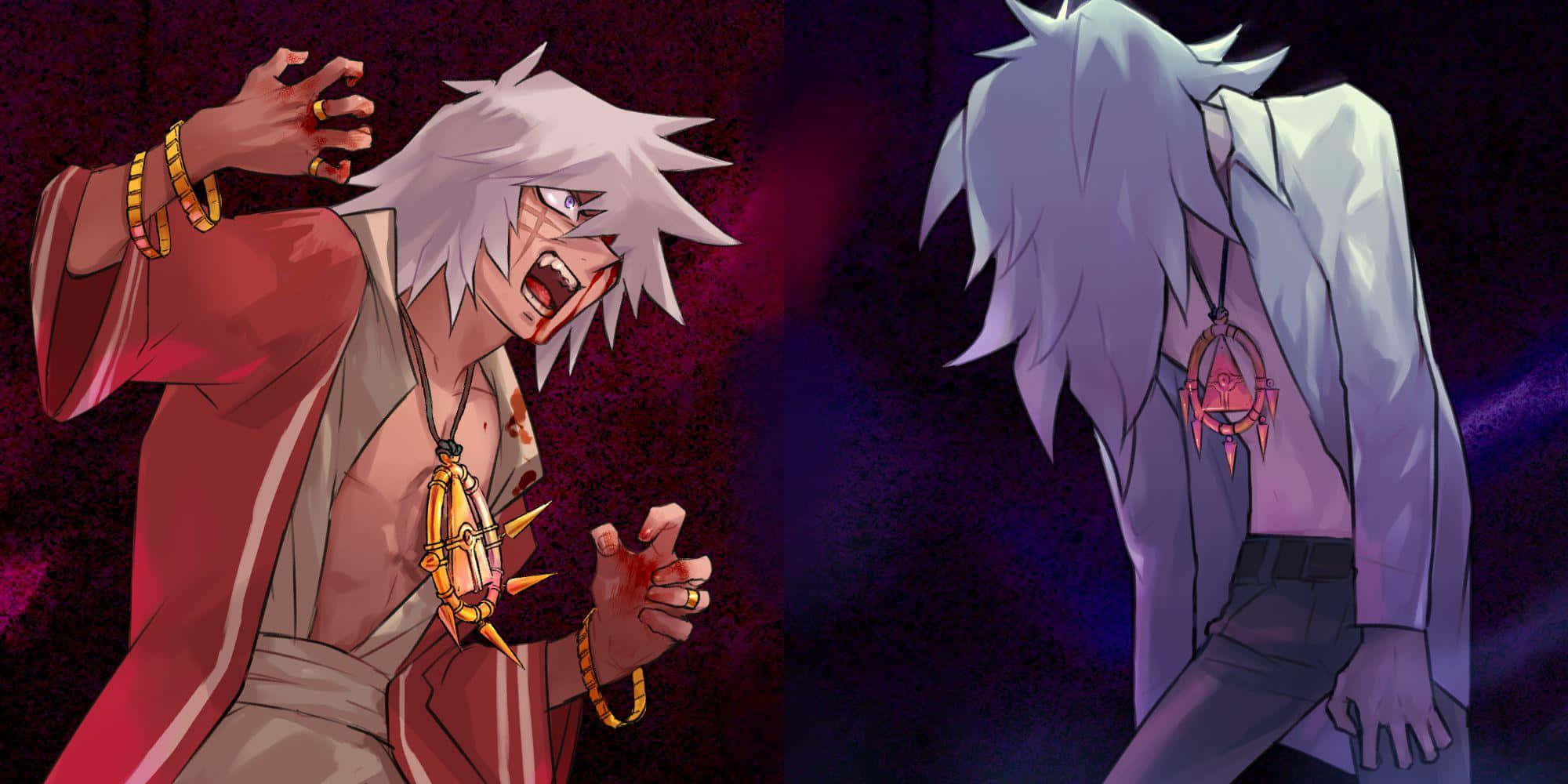 Yami Bakura, spiky white hair, dark purple background, Full HD Desktop Wallpaper