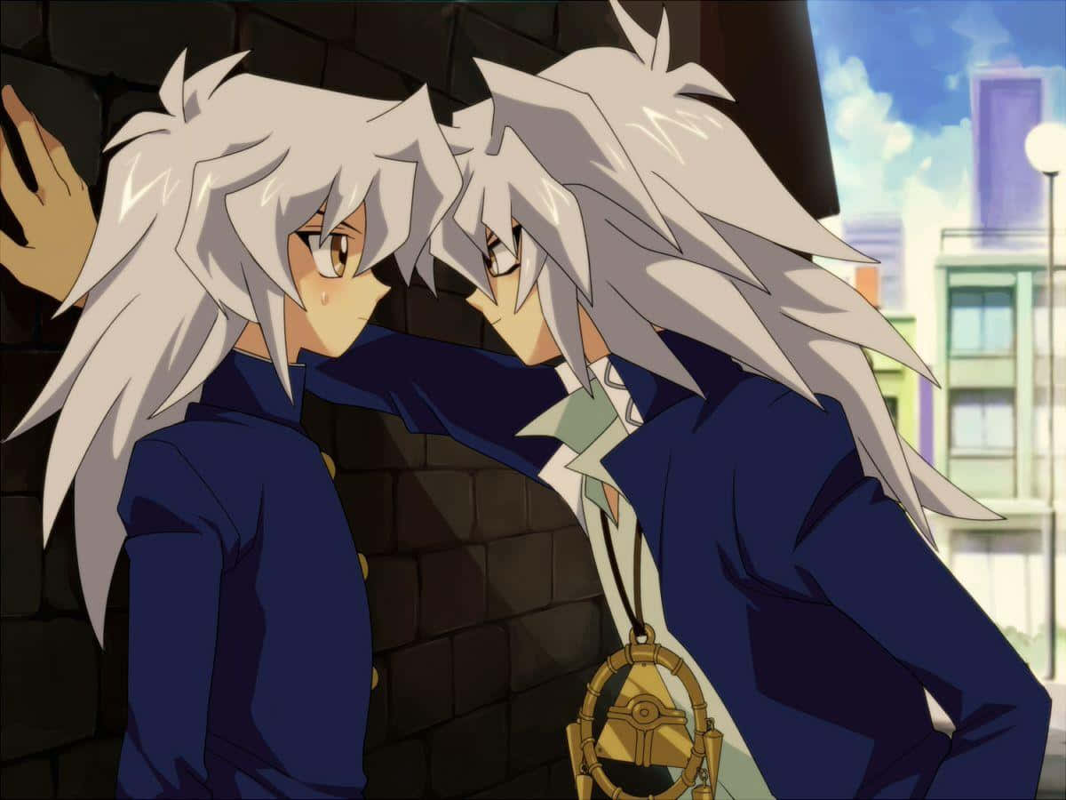 Yami Bakura, spiky white hair, brick wall, SD Desktop Wallpaper