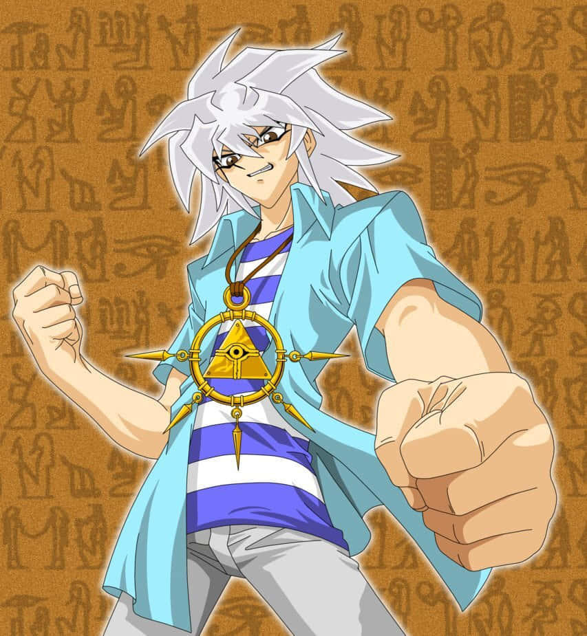 Yami Bakura, spiky white hair, blue shirt, SD Phone Wallpaper