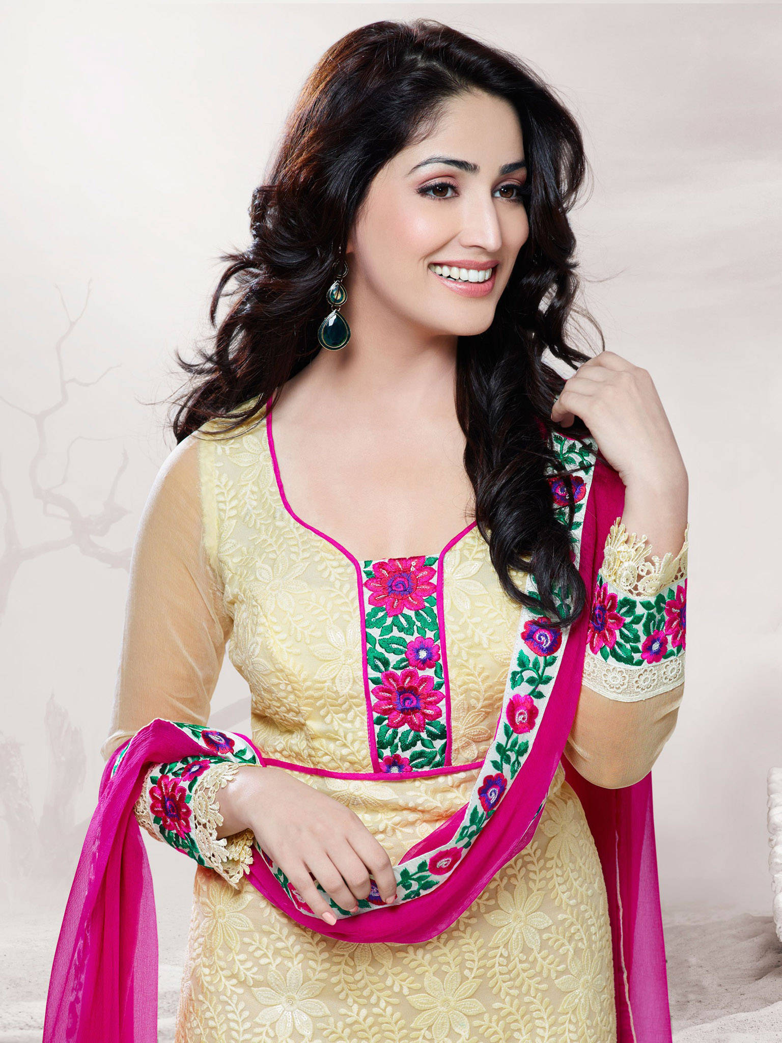 Yami Gautam, yellow embroidered salwar kameez, pink floral accents, Full HD Phone Wallpaper
