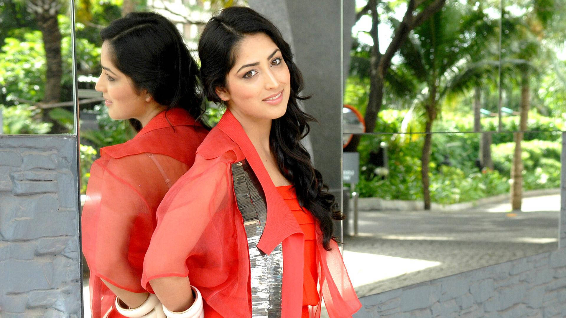 Yami Gautam, vibrant red outfit, glass panel, Full HD Desktop Wallpaper