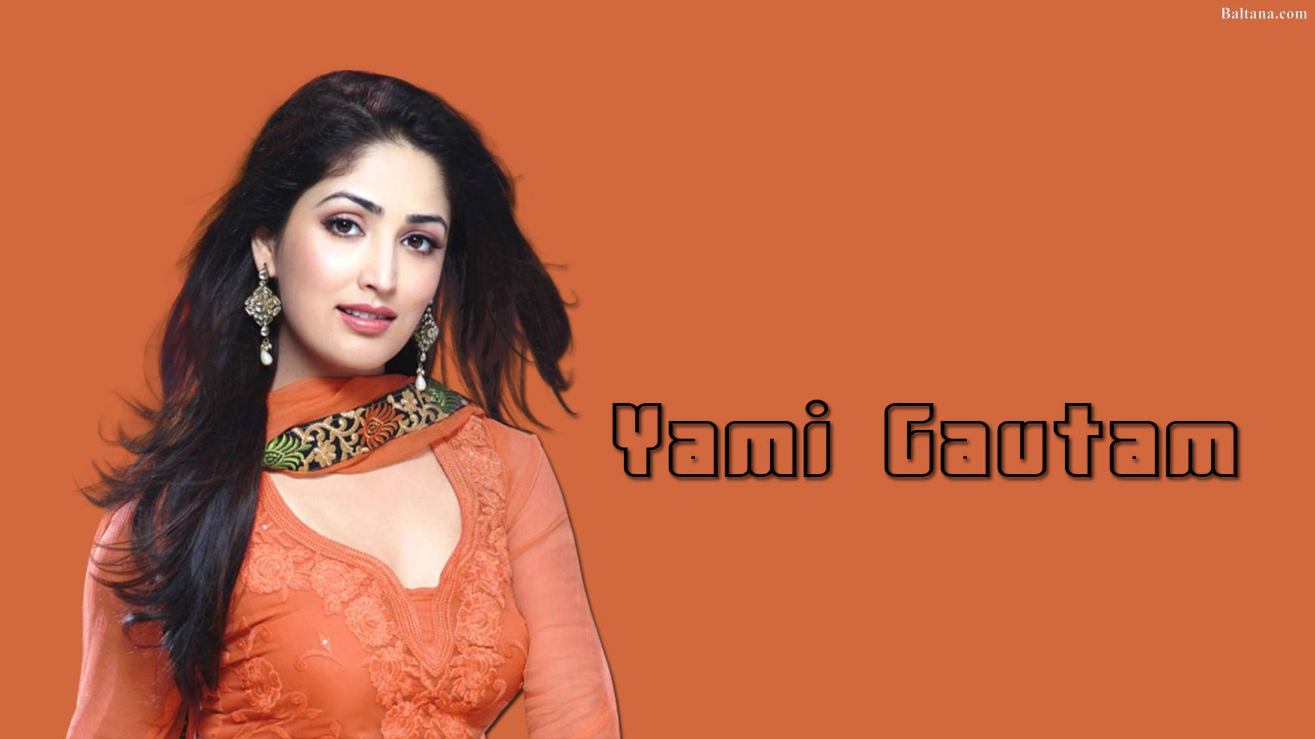 Yami Gautam, orange embroidered outfit, solid orange background, Full HD Desktop Wallpaper