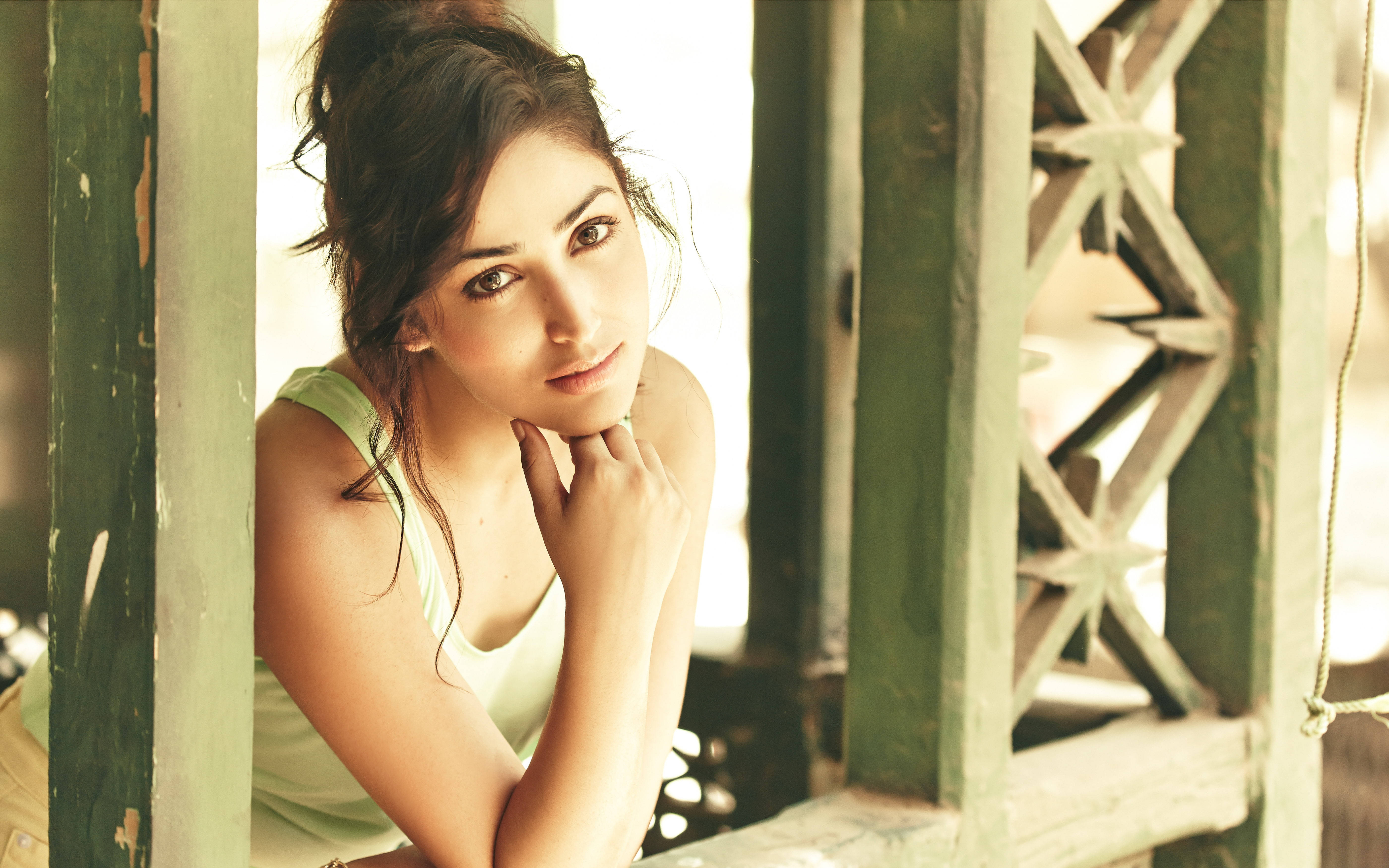 Yami Gautam, light green top, weathered wooden window frame, 5K Desktop Wallpaper