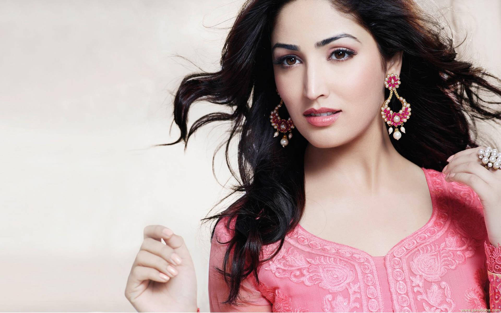 Yami Gautam, pink, flowing dark hair, Full HD Desktop Wallpaper