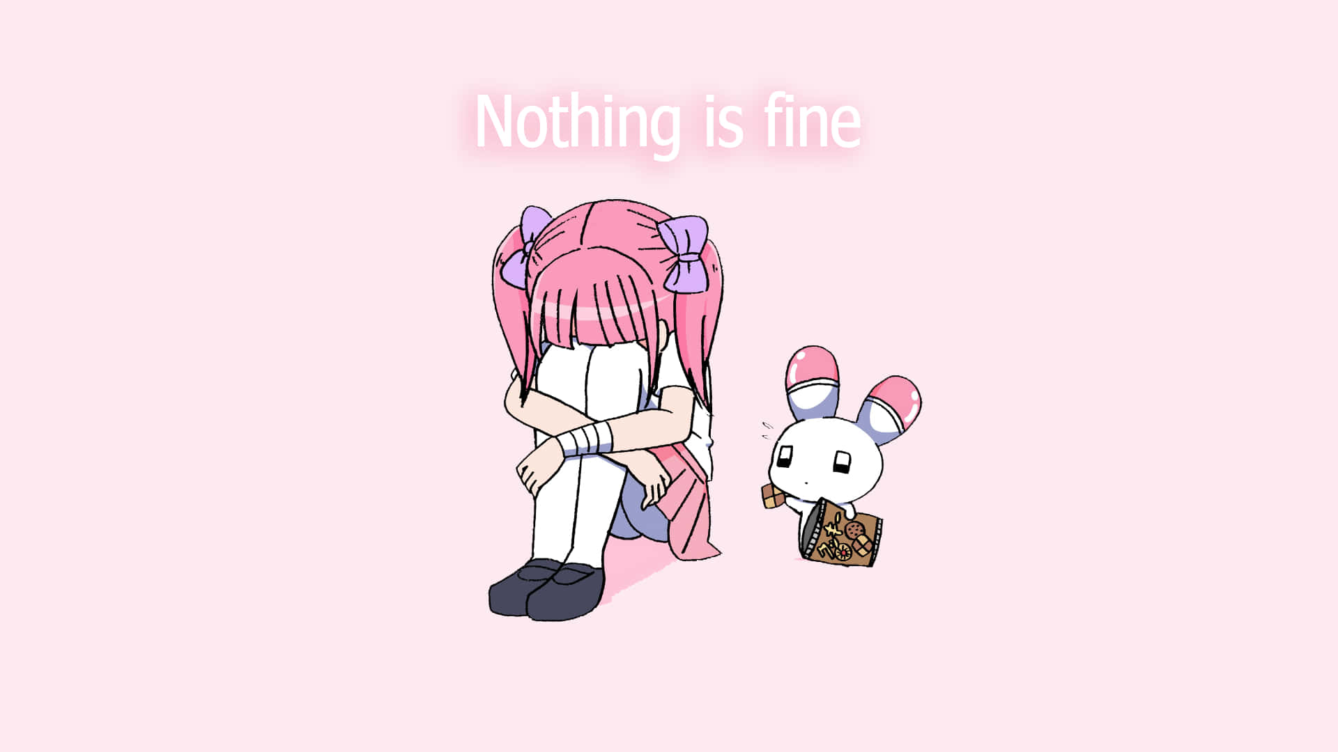 Yami Kawaii, pink-haired anime girl, small rabbit, Full HD Desktop Wallpaper
