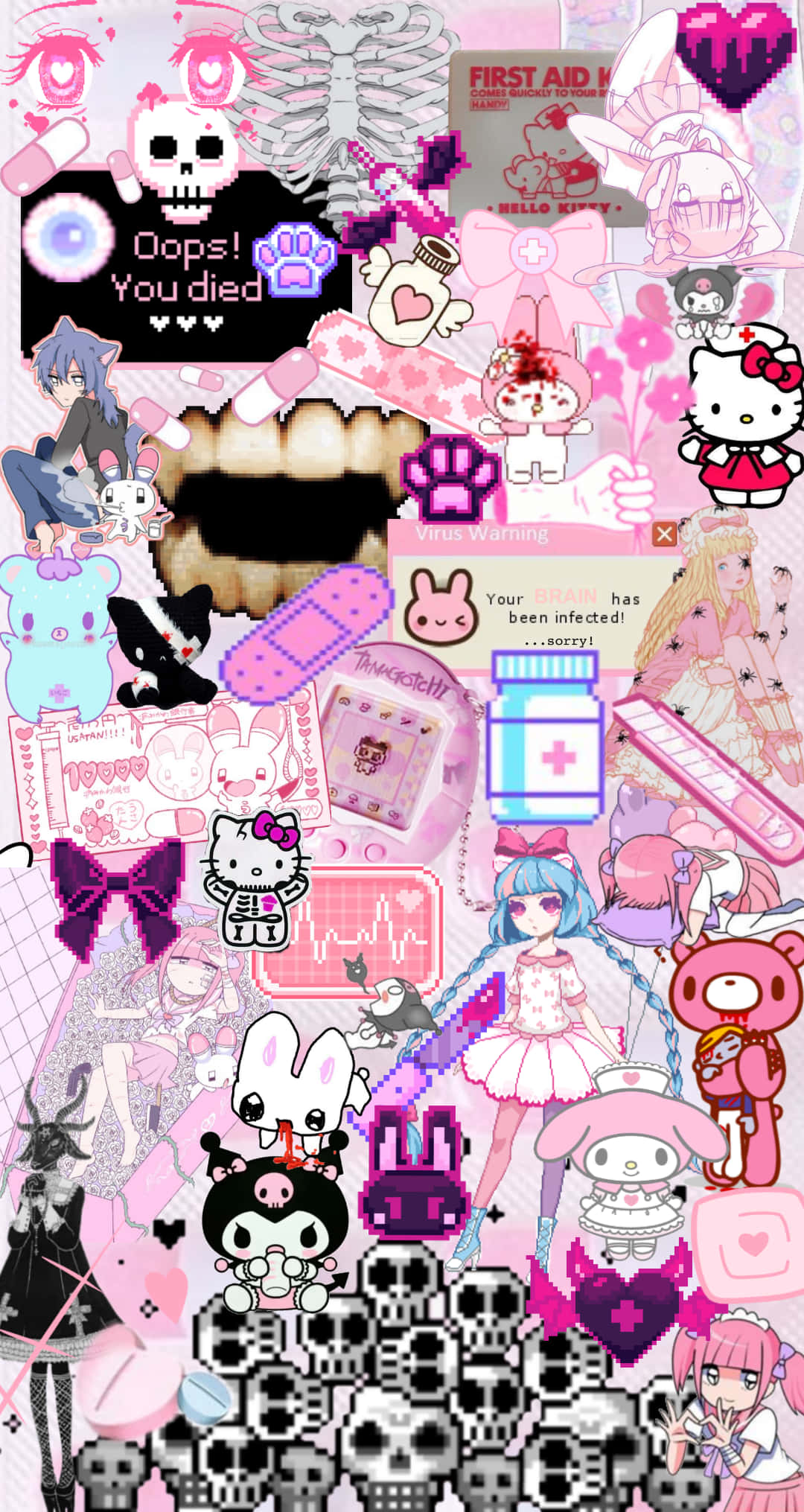 Yami Kawaii, pink digital collage, anime characters, Full HD Phone Wallpaper