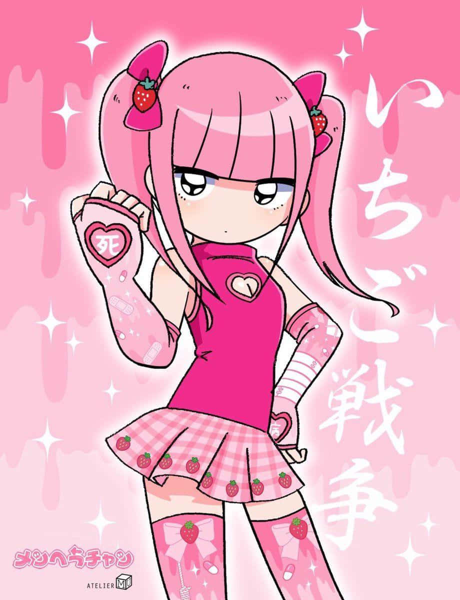 Yami Kawaii, pink-haired anime girl, strawberry-themed outfit, SD Phone Wallpaper