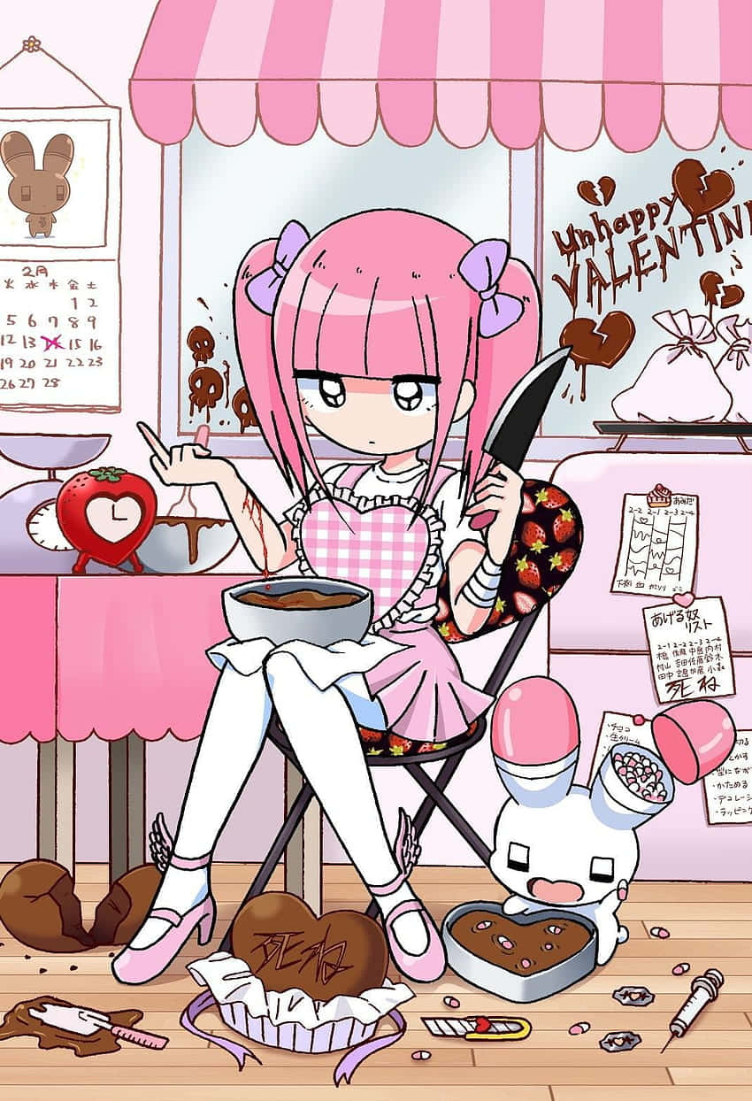 pink-haired anime girl, cafe, knife, SD Phone Wallpaper