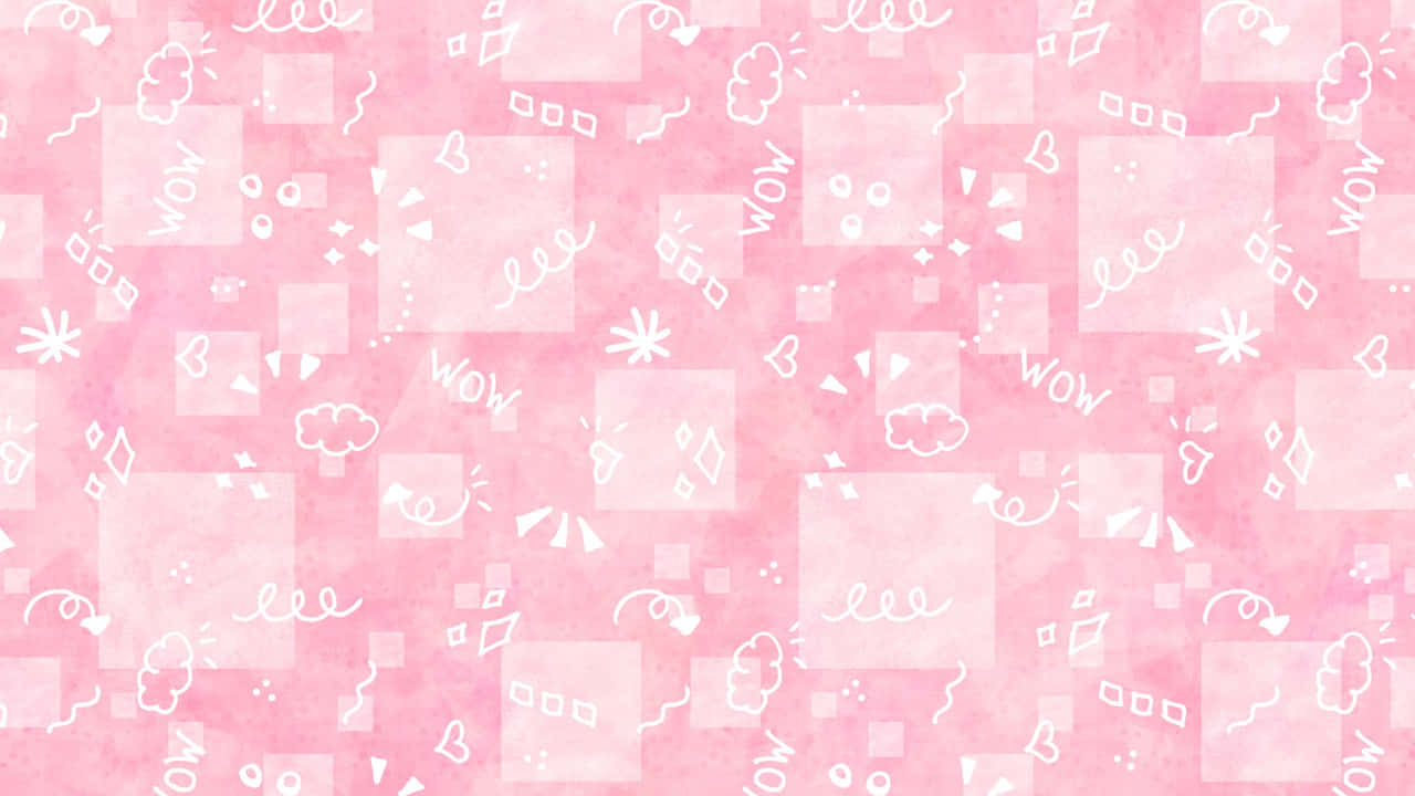 soft pink watercolor background, white doodles of clouds hearts, word wow in scattered translucent squares, HD Desktop Wallpaper