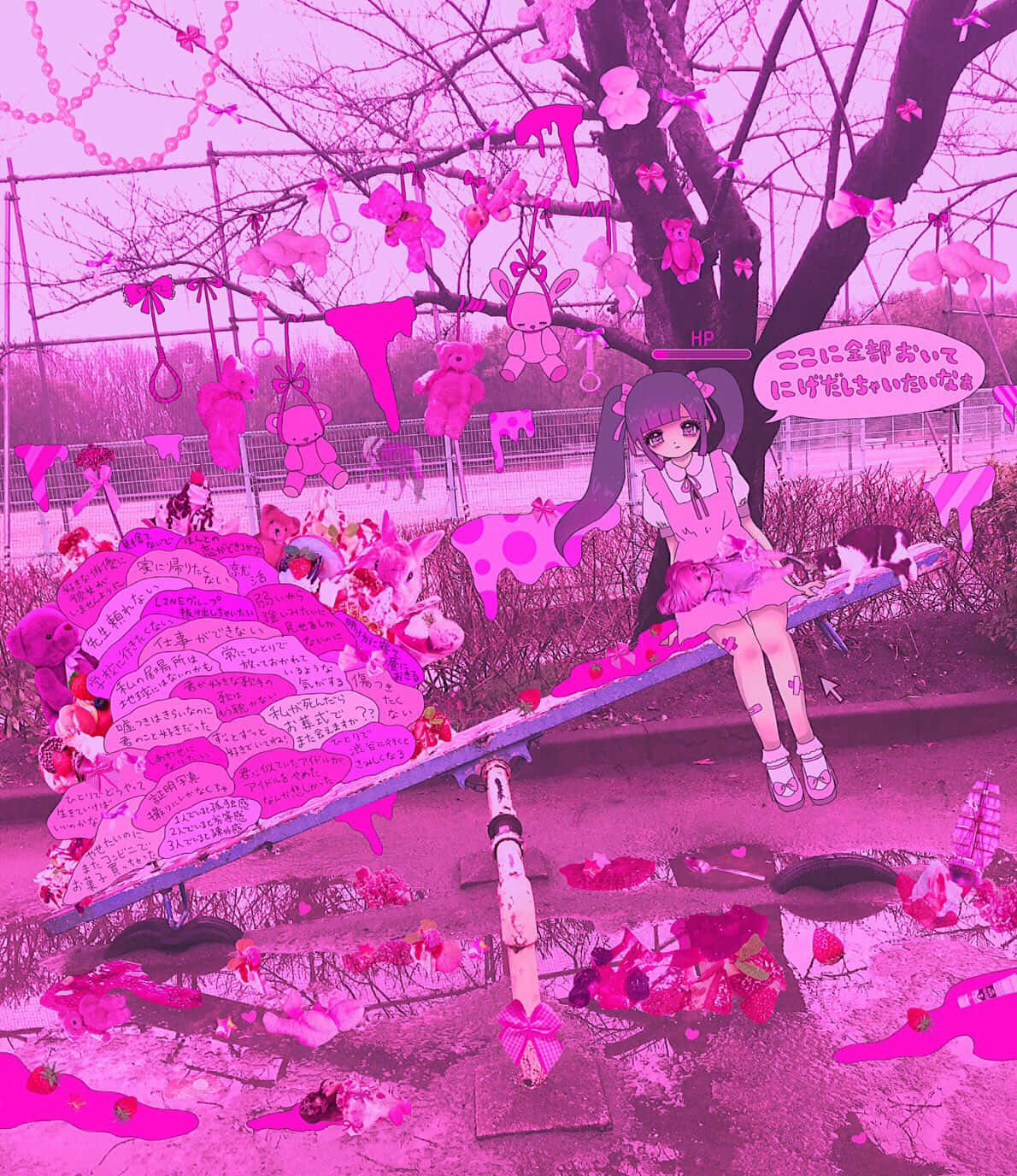Yami Kawaii, pink-hued anime girl, seesaw, HD Phone Wallpaper