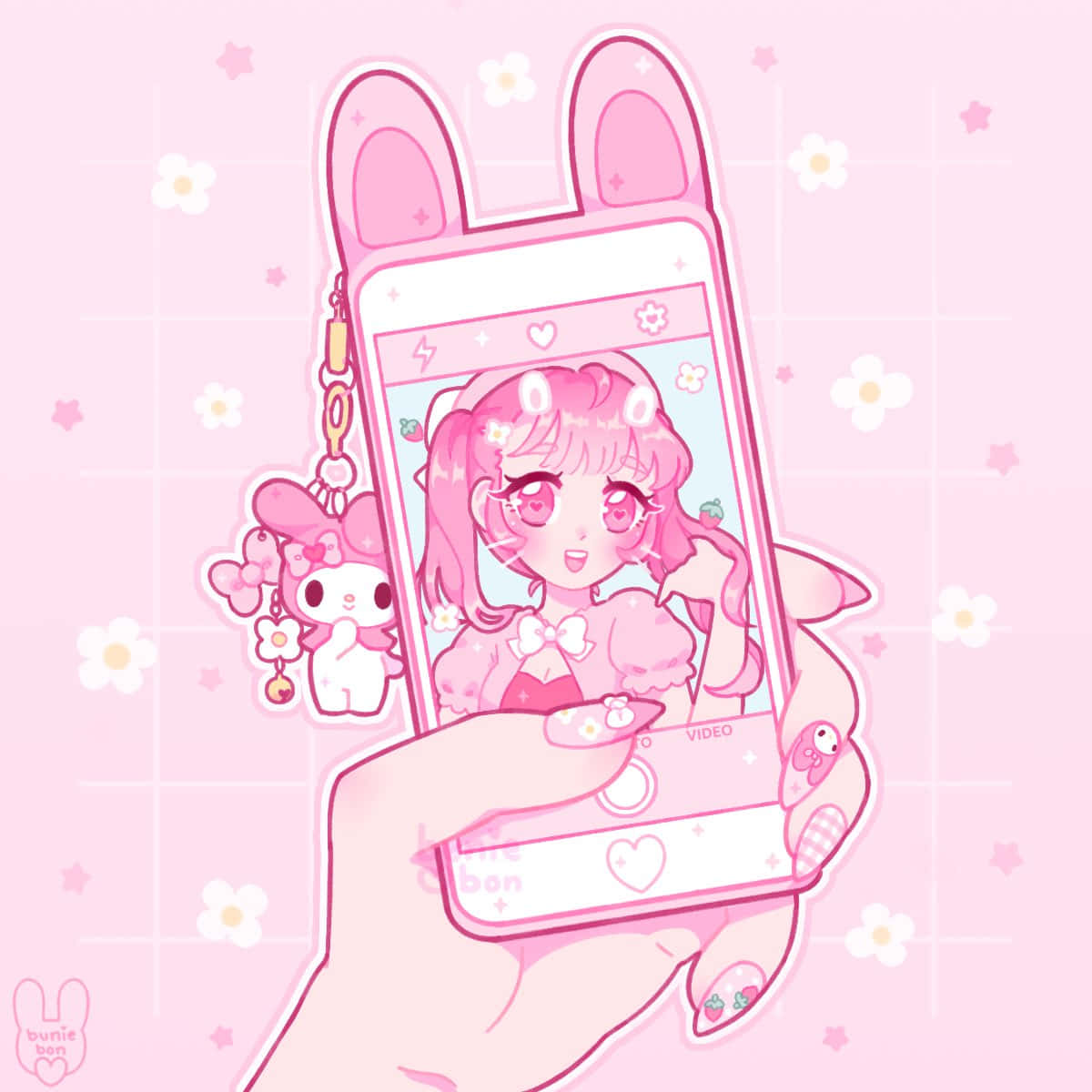 pink bunny-themed phone, cute anime girl with pink hair, heart effects, SD Desktop Wallpaper