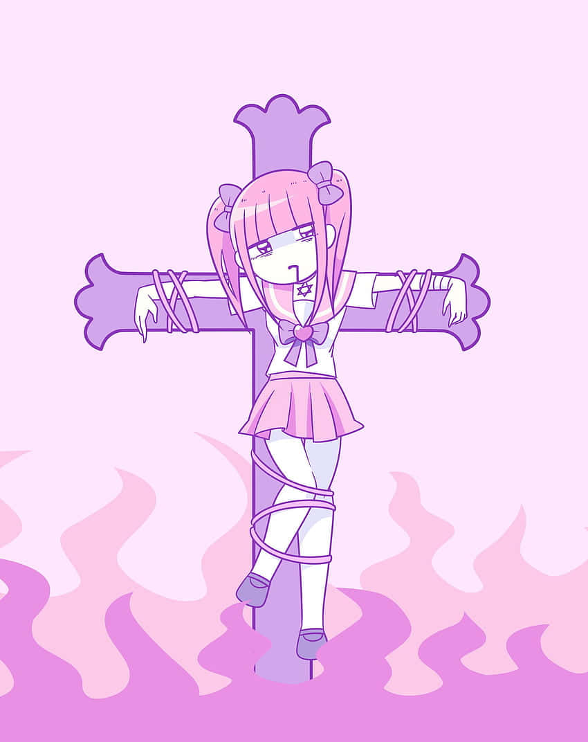 pink-haired anime girl, school uniform, purple cross, SD Phone Wallpaper