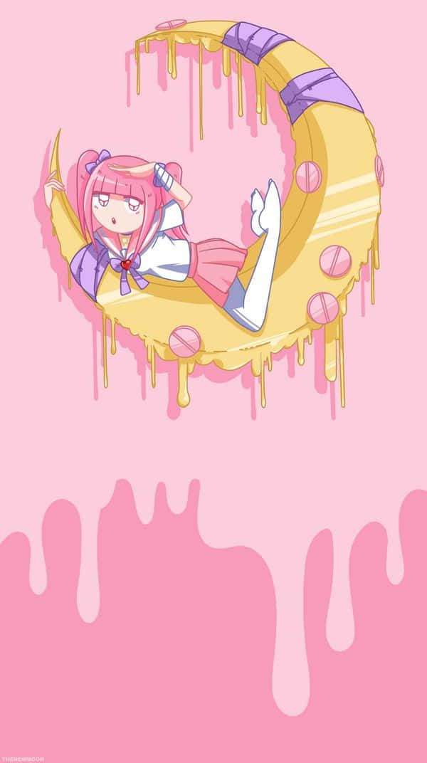 Yami Kawaii, pink-haired anime girl, giant melting crescent moon, SD Phone Wallpaper