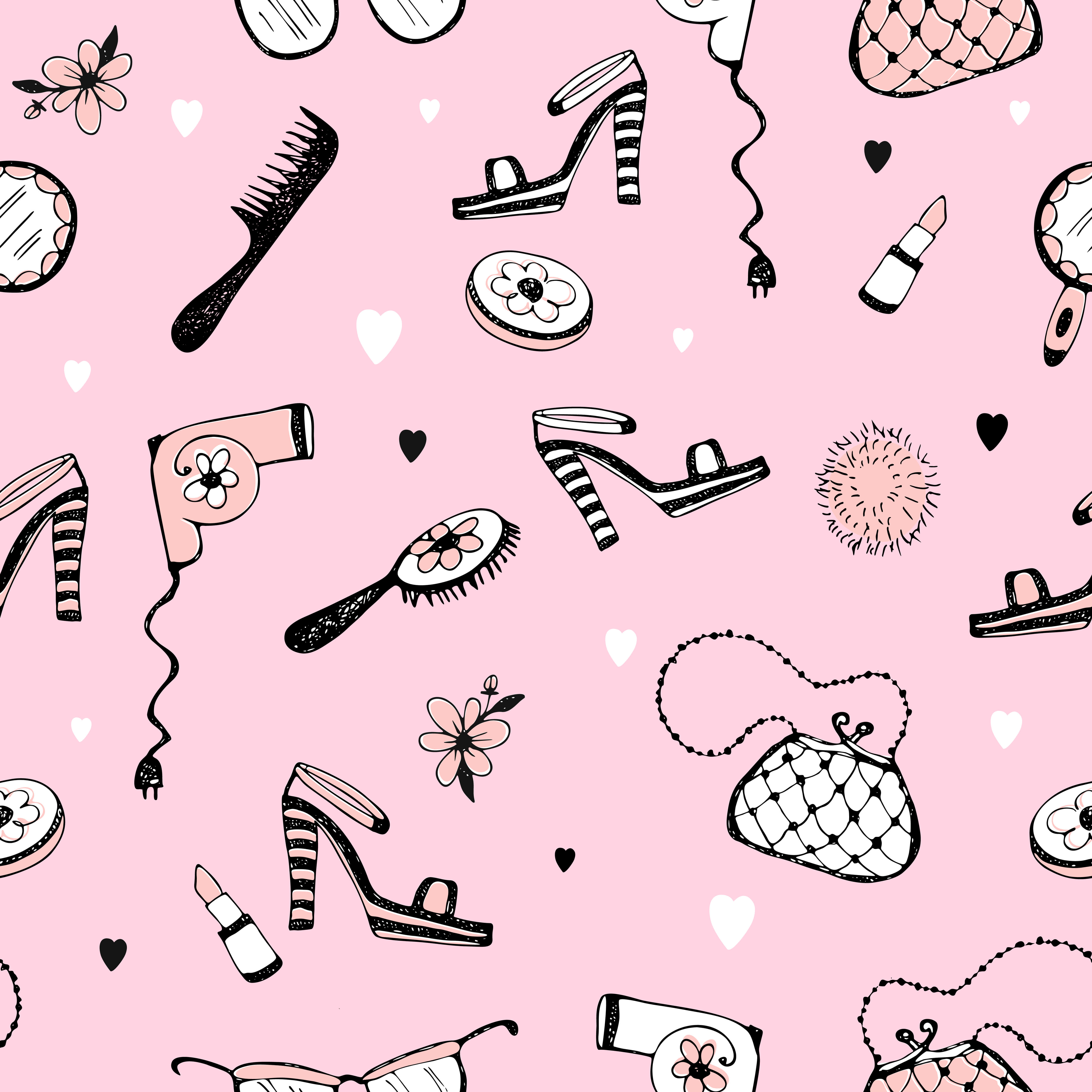 Yami Kawaii, pink pattern, hand-drawn fashion items, 4K Desktop Wallpaper