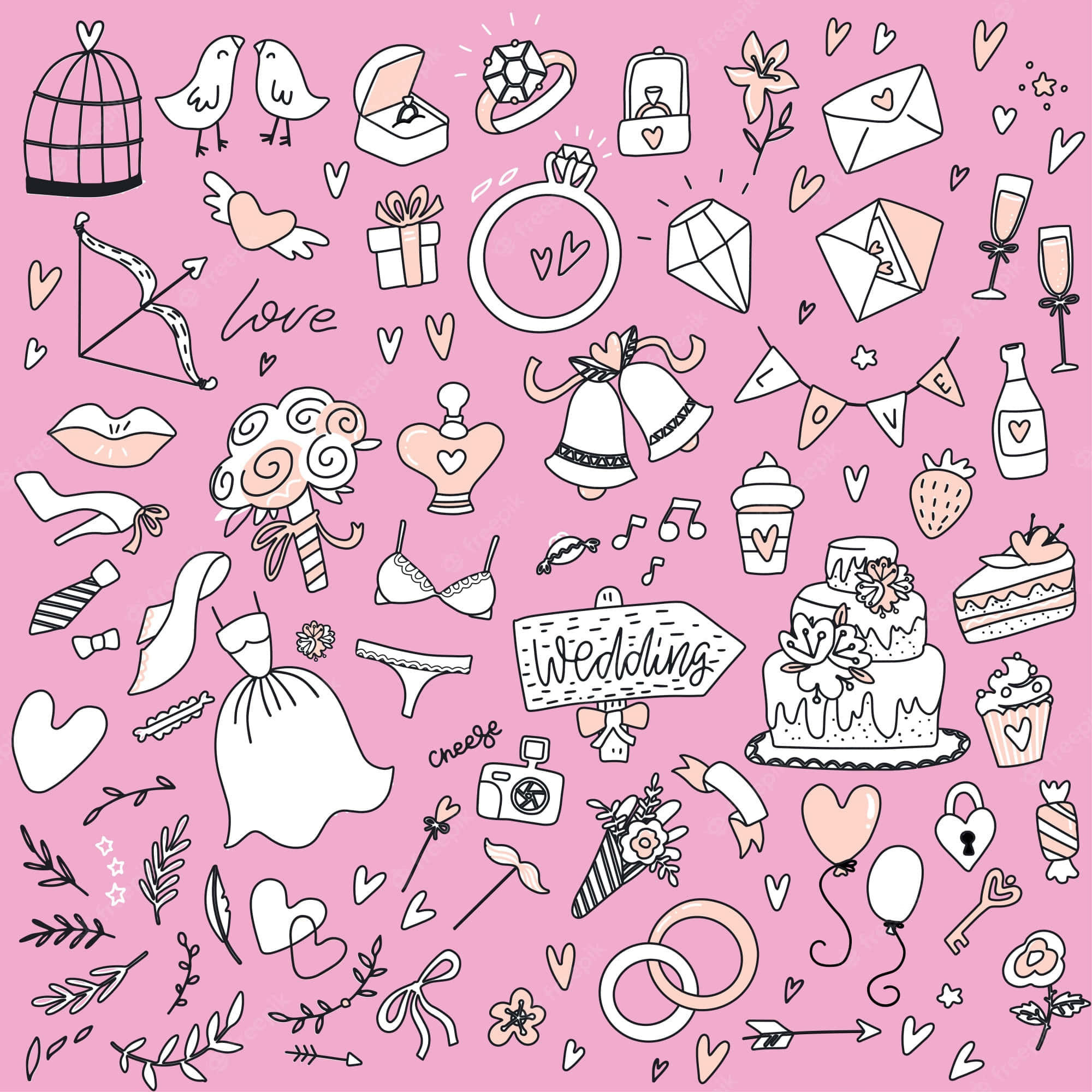 yami kawaii, pink background, wedding doodles, Full HD Desktop Wallpaper