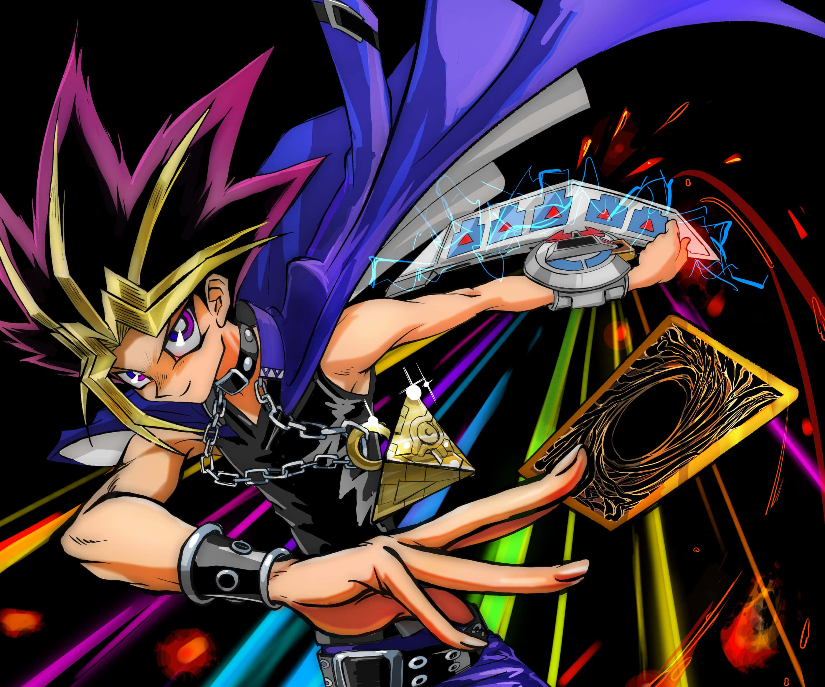 Yami Yugi, spiky purple and gold hair, glowing card launcher, 2K Desktop Wallpaper