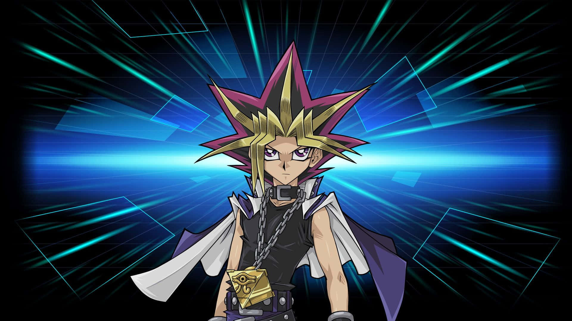 Yami Yugi, spiky gold and purple hair, glowing blue digital background, Full HD Desktop Wallpaper