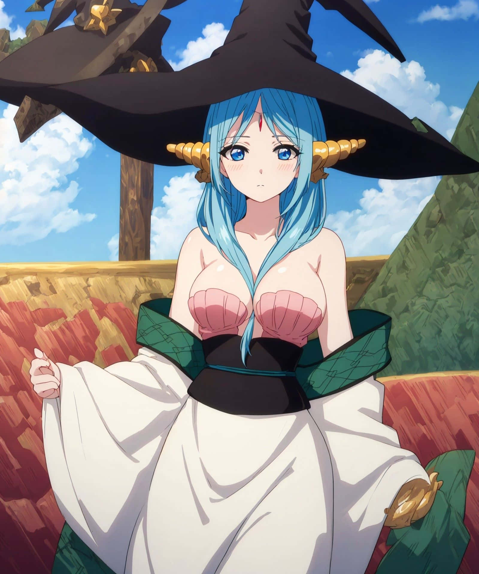 Yamraiha, blue-haired anime witch, large black hat, Full HD Phone Wallpaper