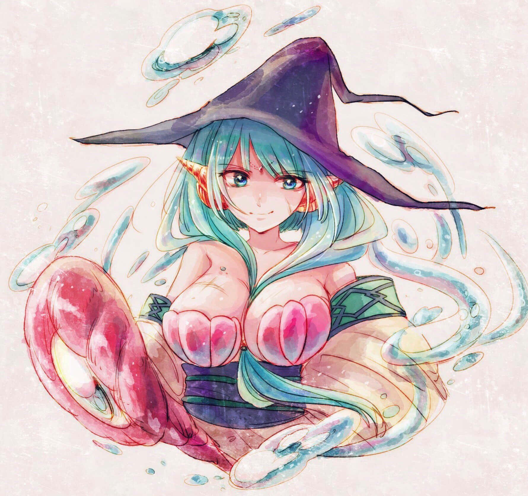 Yamraiha, teal hair, purple hat, HD Desktop Wallpaper